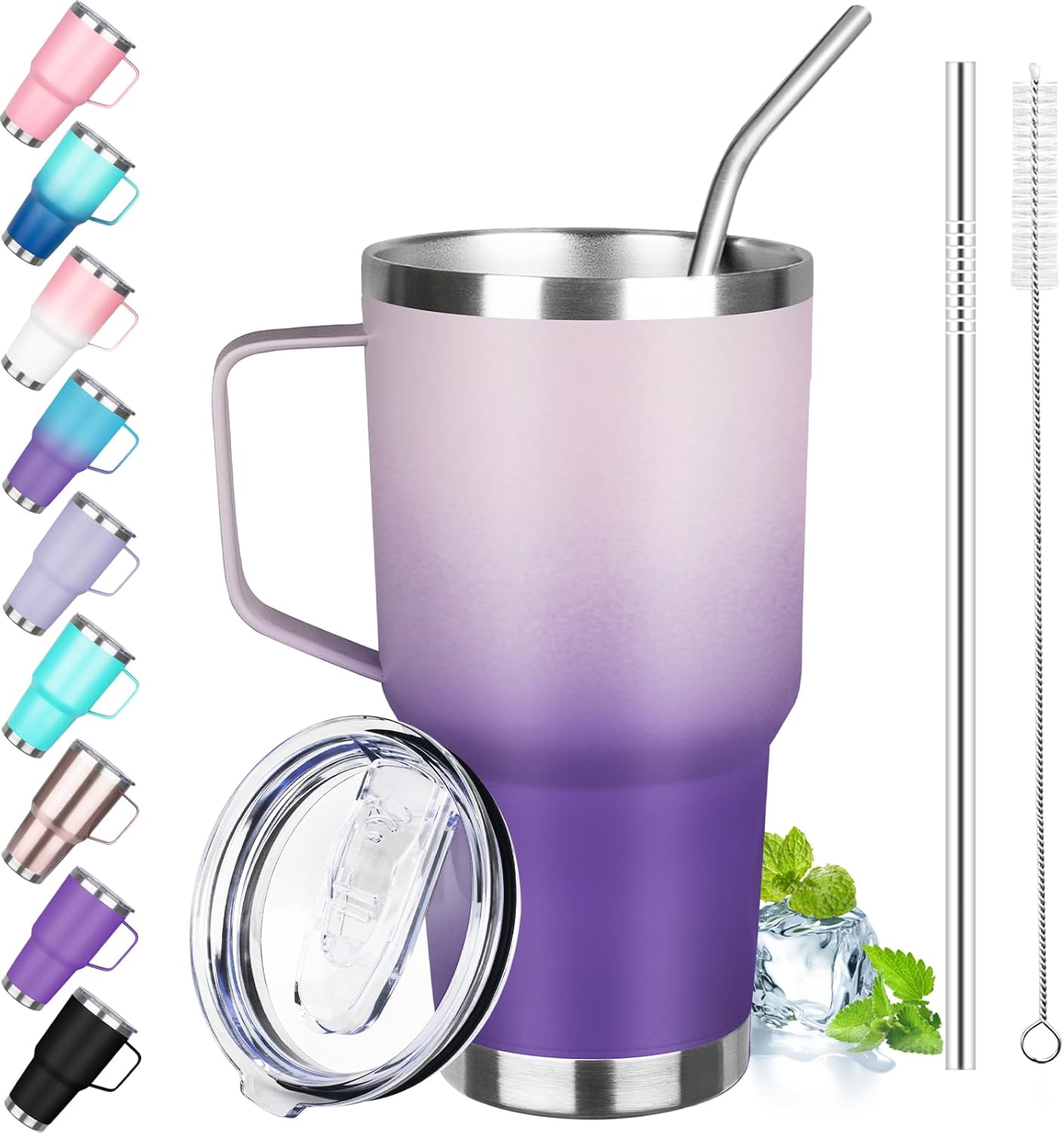 30 oz Tumbler with Handle, Stainless Steel Insulated Tumbler with Lid and Straw, Double Wall Vacuum Coffee Mug Tumbler, Insulated Coffee Thermal Cup for Cold and Hot (Light Dark Purple)