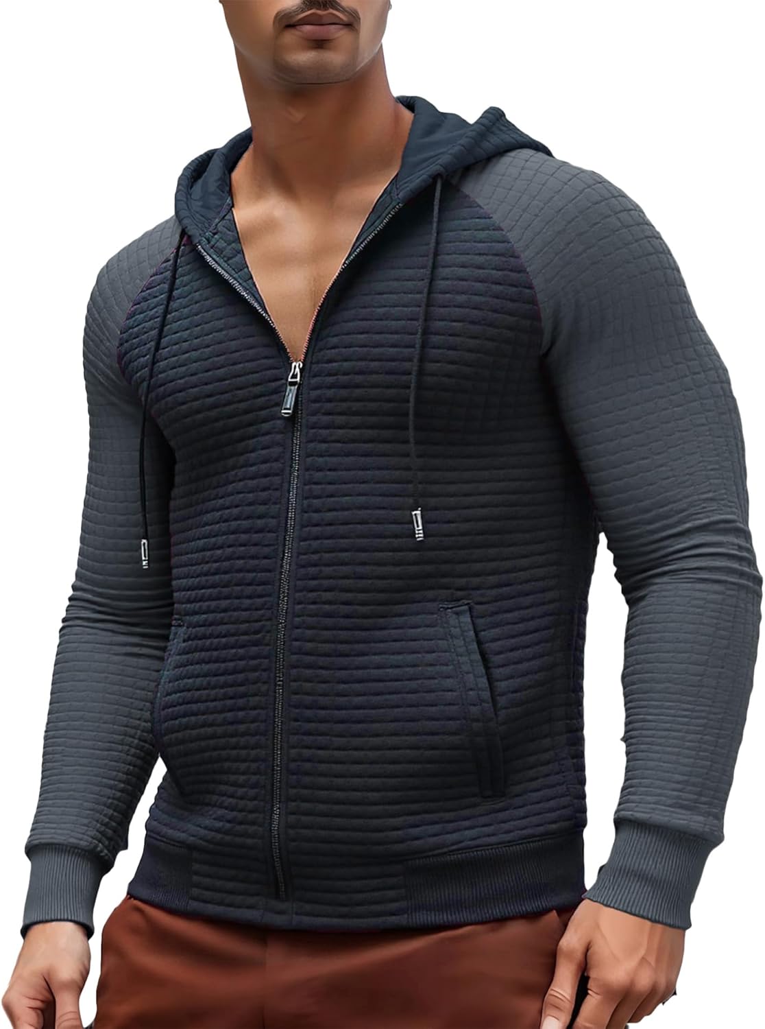 Men's Waffle Knit Hoodie Full Zip Up Hood Lightweight Long Sleeve Drawstring Casual Warm Sweatshirt Jacket with Pockets