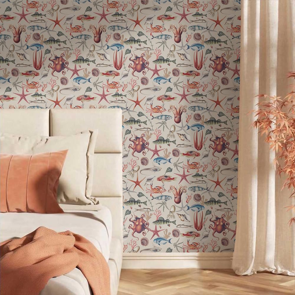18"x236" Underwater Multicolor Ocean Coral Creature Peel and Stick Self Adhesive Wallpaper Removable Contact Paper Stick on Easy Peel Off Wall Paper for Kitchen Bedroom Bathroom