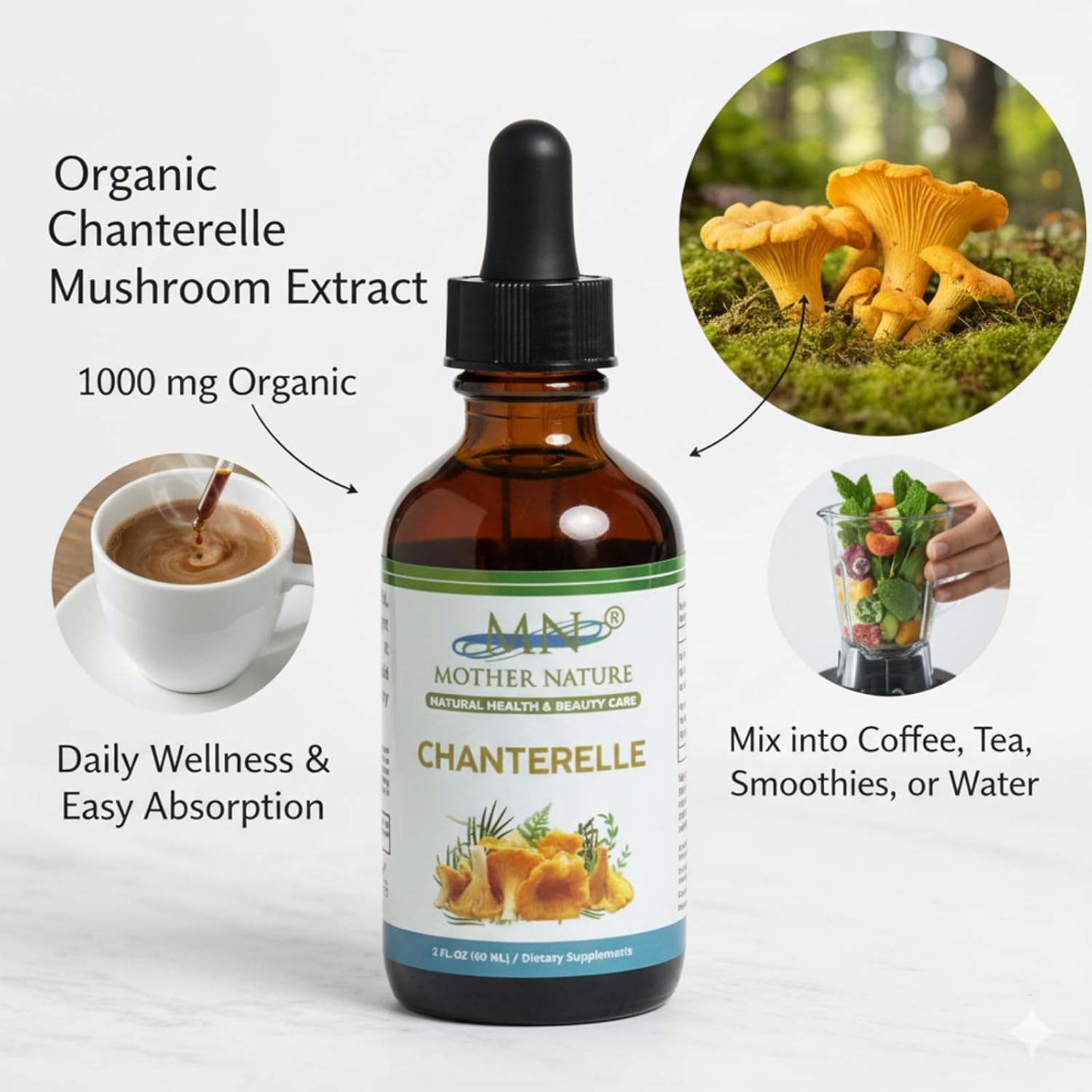 Mother Nature Organic Chanterelle (Cantharellus cibarius) Mushroom Liquid Extract - 1000mg - 2 oz - Made in USA - Image 3