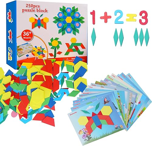 250 bloques de patrón de madera rompecabezas manipulativos de forma geométrica con 30 gráficos de enseñanza juguetes educativos tangram regalo para
