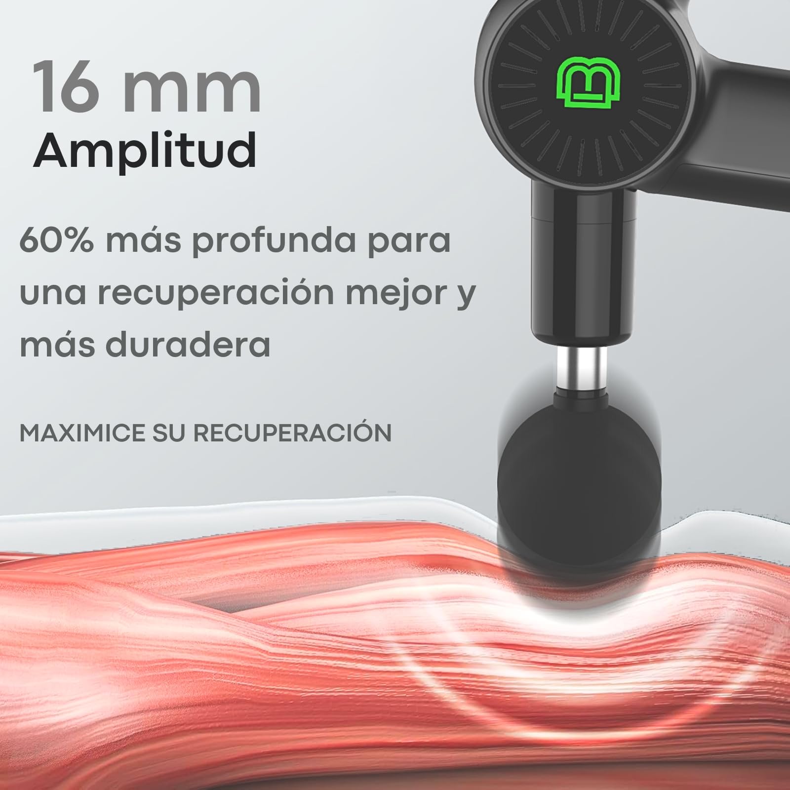 Bootech Pistola de Masaje Muscular con Calor, Masajeador Profesional de Tejido Profundo 16mm, Massage Gun para Atletas con 8 Cabezales, Alivio del Dolor Muscular