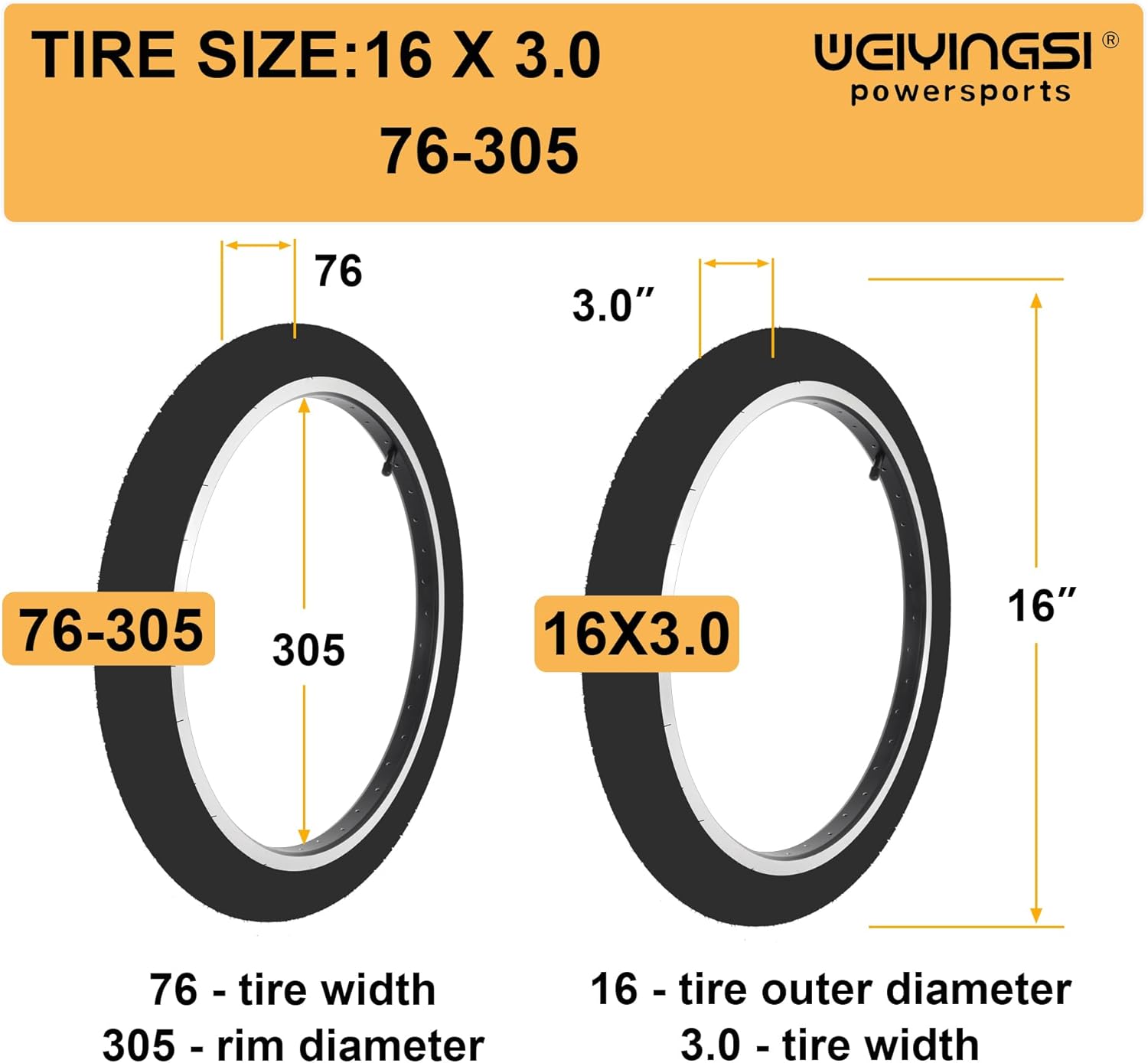76-305 16X3.0 Fat Tire E-Bike Tires - Heavy Duty 16 Inch 16X3 Bike Tire and Tube/Tubeless Set for Electric Bike Scooter - Non-Foldable - Off-Road All-Terrain Tread - 1/2 Pack - Type: TT/TL