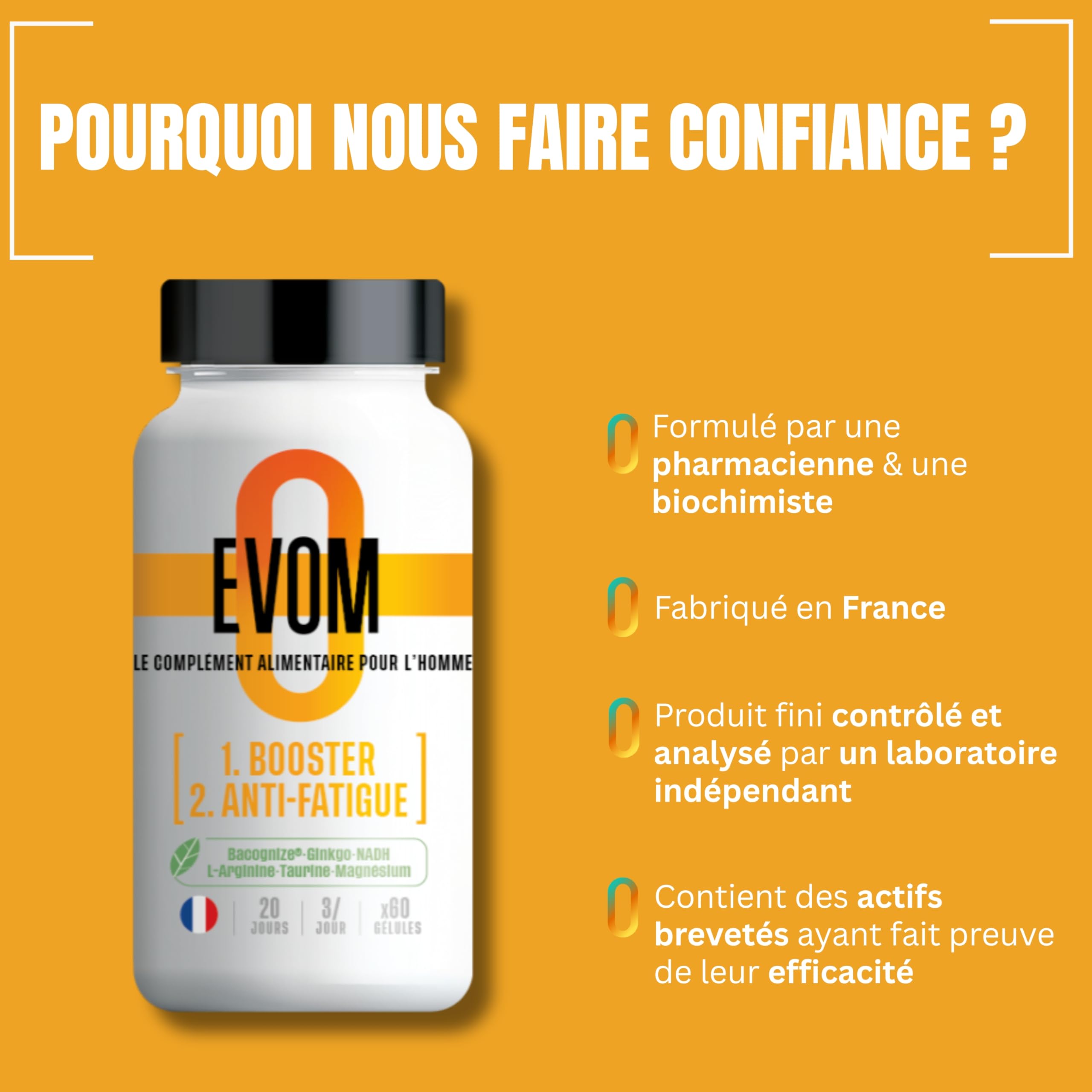 Booster Anti Fatigue Homme EVOM - Énergie Physique et Tonus Mental - Magnésium (26% VNR), Bacopa BACOGNIZE®, Ginkgo, NADH, acides aminés – Cure 20 jours – Complément Alimentaire Pour Homme