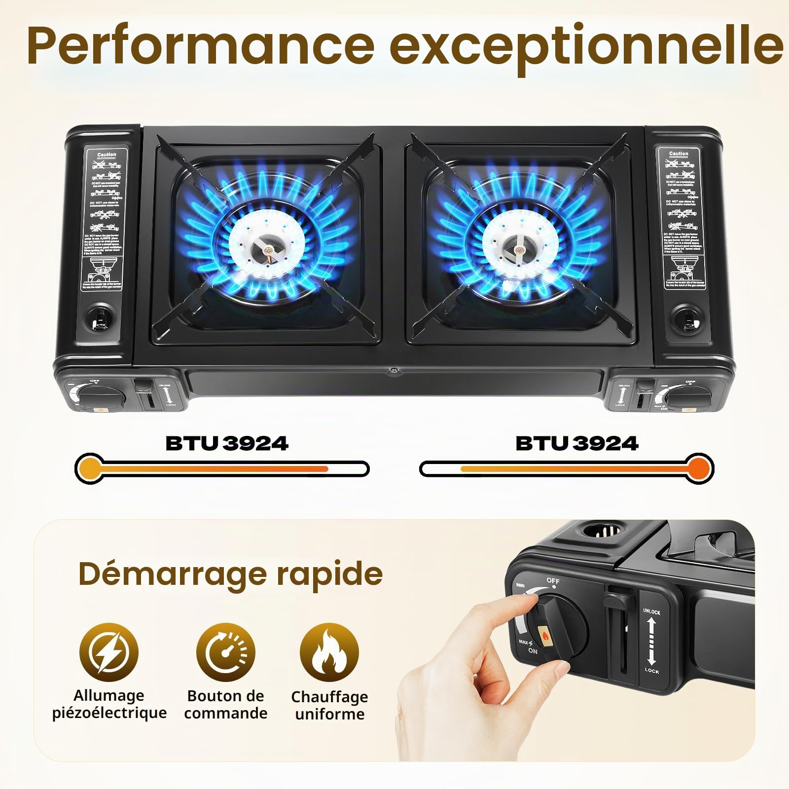 Réchaud à gaz portable d'extérieur à 2 feux avec plaque de cuisson | 50 % d'efficacité thermique et plaque de cuisson lavable au lave-vaisselle (43,5 x 25 cm) pour camping/balcon avec soupape de