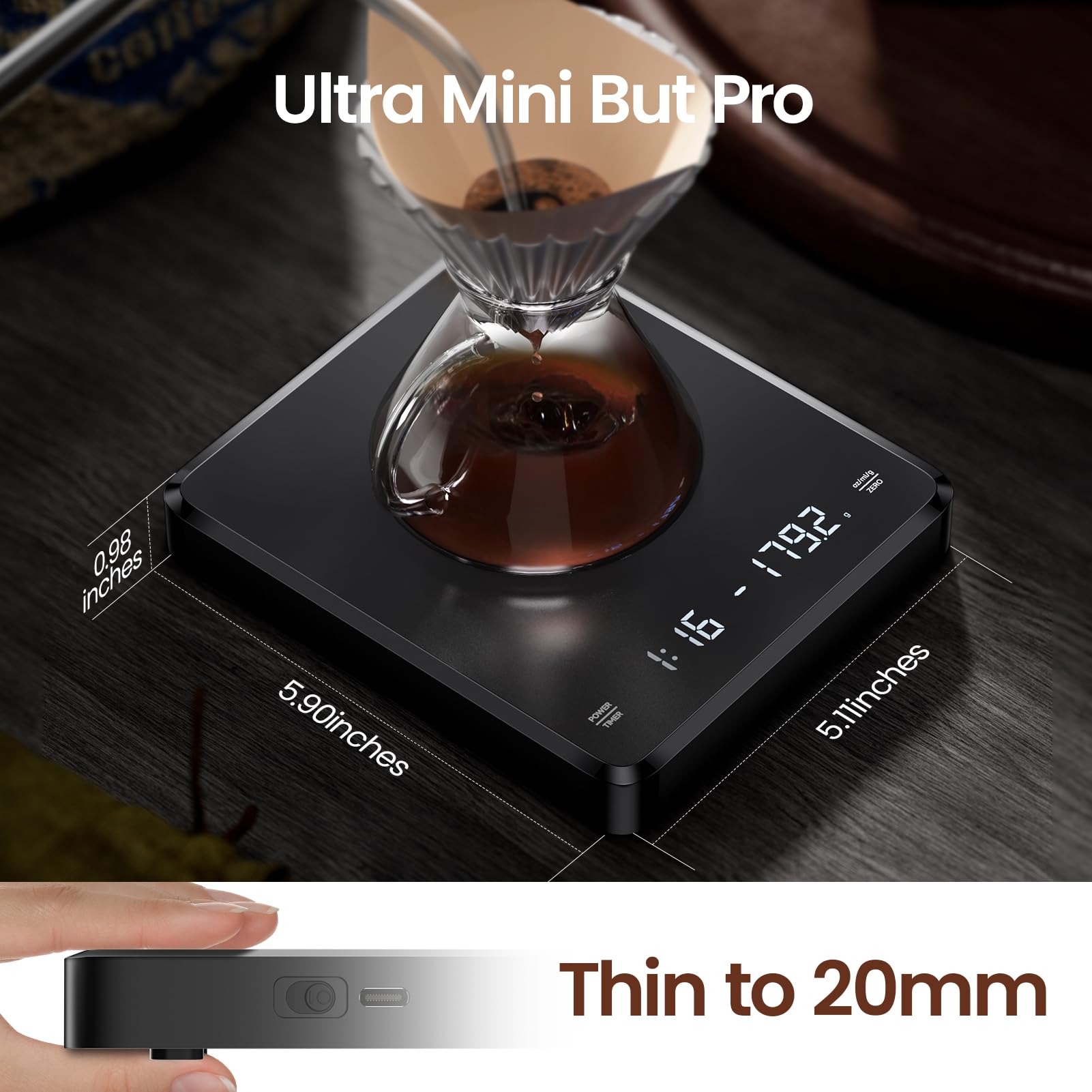 Rechargeable Mini Coffee Scale with Timer, FlyCoco Portable Espresso Scale | 3kg/0.1g Accurate Scale | Tare Function | LED Display | Digital Kitchen Scale for Espresso and Pour-Over Coffee