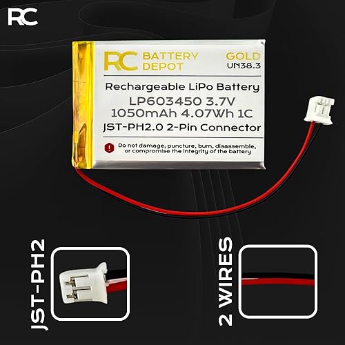 Miniatura 3 de Batería LiPo de 3.7V 1050mAh 603450 1C recargable de polímero de litio con conector JST PH2.0 de 2 pines - Compatible con 503450, 653450, 603048,