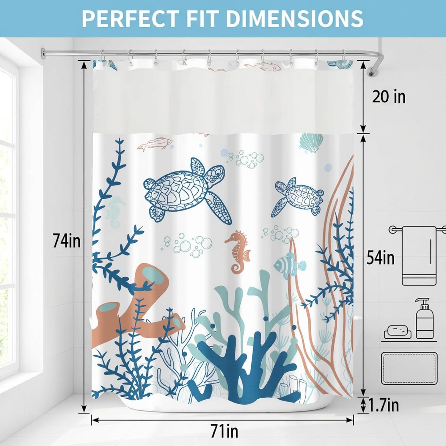 No Hook Nautical Coastal Shower Curtain with Snap in Liner Set, Ocean Beach Bathroom Set, Sea Turtle Hookless Shower Curtain with See Through Mesh 71" x 74"