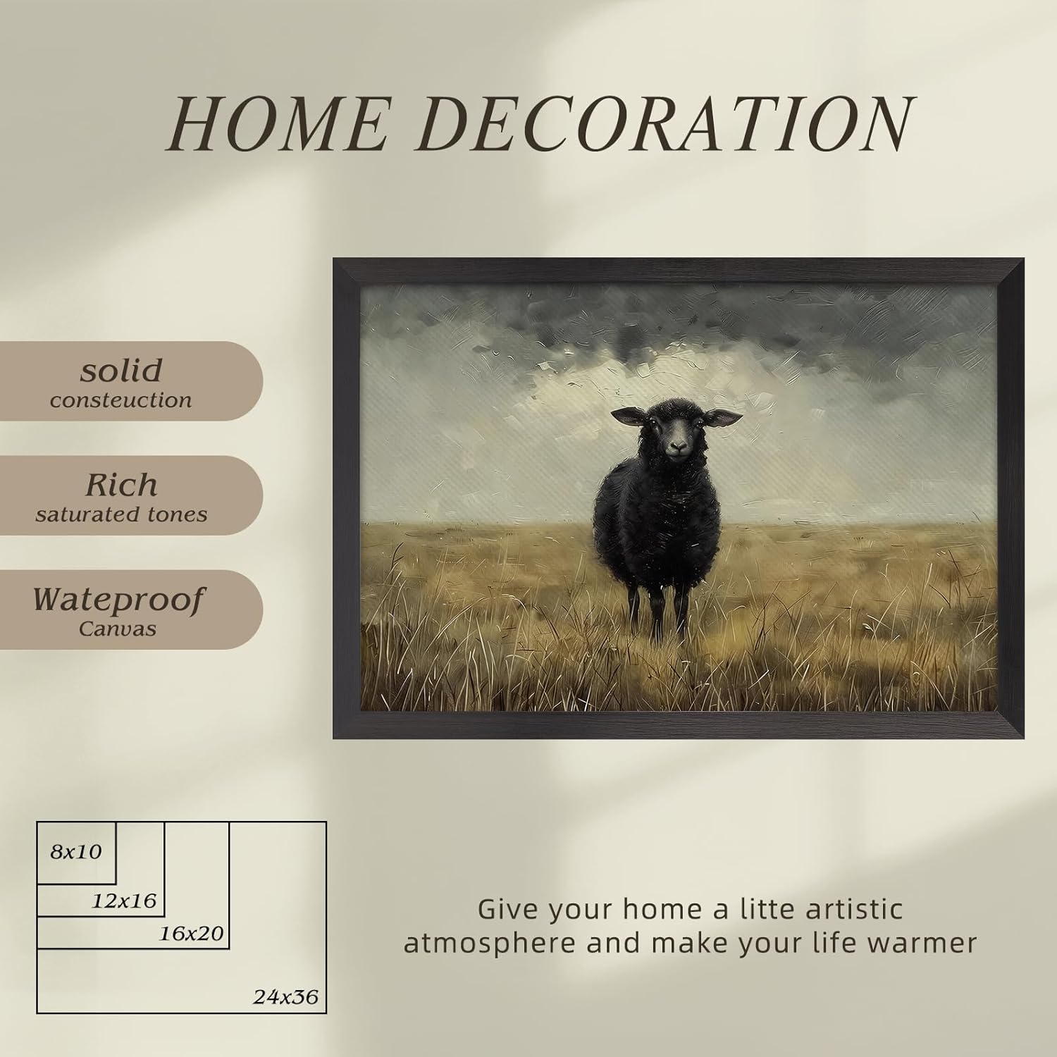 Black Sheep In Field Wall Art, 12X16 Inch Black Framed Farm Animal Scene Poster, Country Landscape Canvas Print, Rustic Wall Decor For Living Room Bedroom Office Ready To Hang