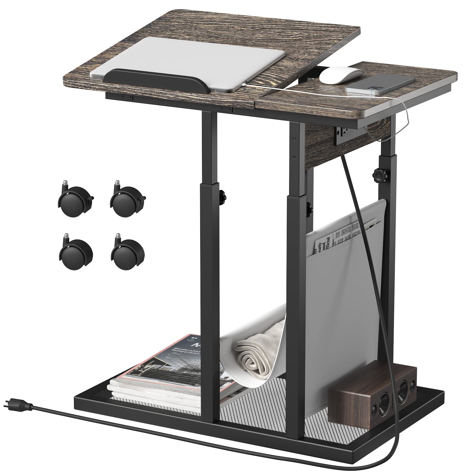 LINSY HOME Side Table with Charging Station, C Table Adjustable Height