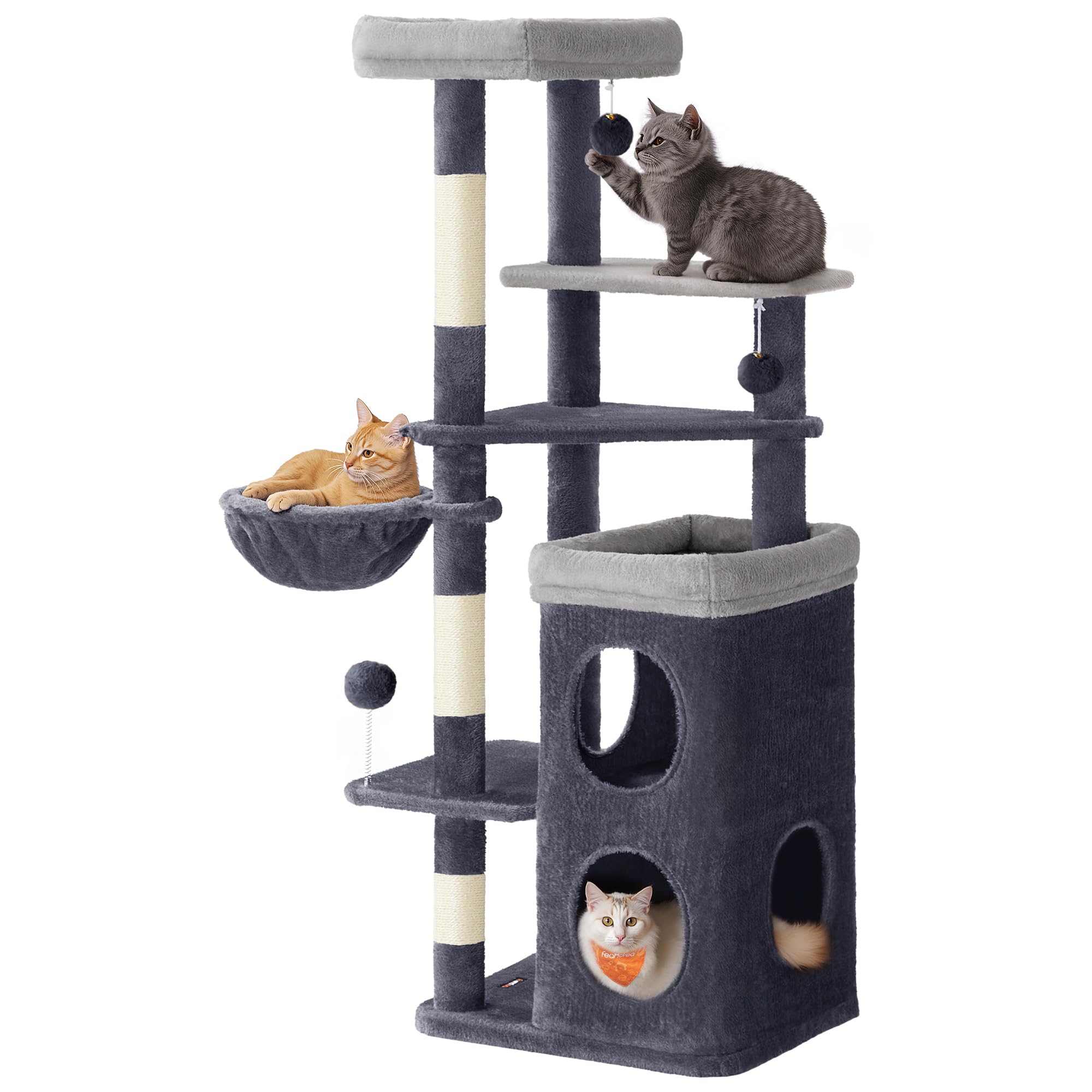 Feandrea Cat Tree, 60-Inch Cat Tower, Multiple-Level Plush Condo with 2 Caves, 3 Scratching Posts, 3 Perches, Dark Gray UPCT007G02