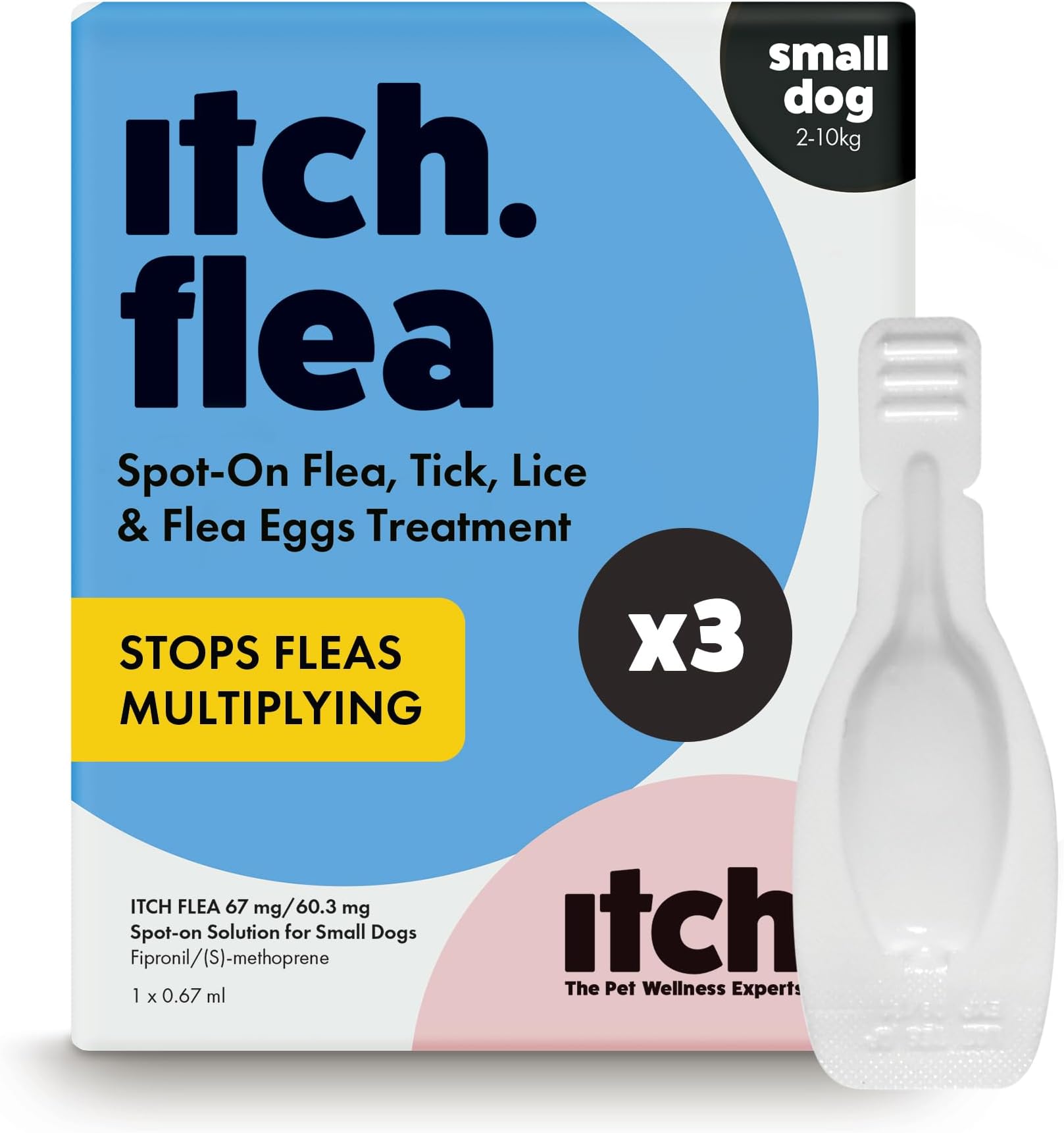 Itch Small Dog Flea & Tick Spot-On Treatment (2-10kg) - Kills Fleas, Ticks, Lice & Eggs to Prevent Reinfestation - 3 Easy-Apply Pipettes