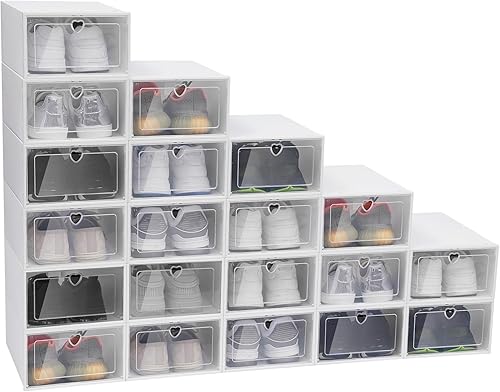 MARTEXBUY Paquete de 20 cajas de zapatos, organizador de almacenamiento de zapatos, transparente, apilable, para tenis, contenedor de zapatos, cajas