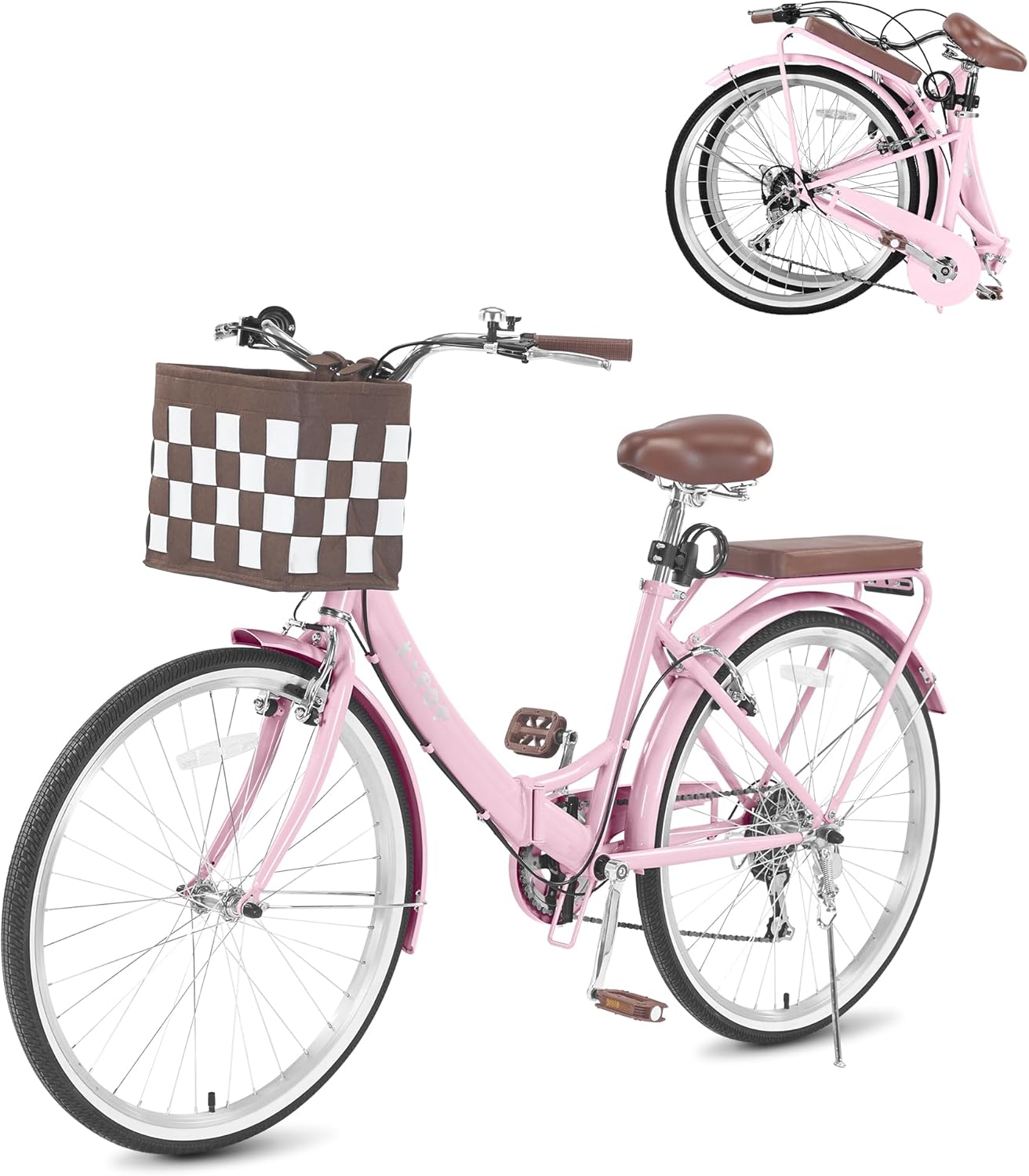 26 Inch Foldable Beach Cruiser Bike Womens Bicycle with Basket, 7 Speed Bikes for Women, Womens Bike Commuter Bicycle for Adult, Dual V-Brake Complete Cruiser Bikes, 330lbs Capacity
