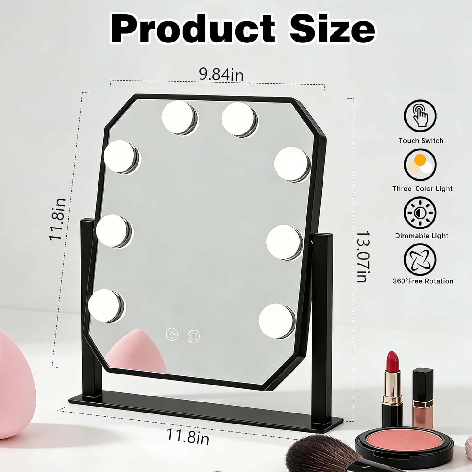 Vanity Mirror with Lights - 11.8"x9.8" Hollywood Makeup Mirror with Dimmable LED Bulbs, 3 Color Modes, Smart Touch Control, Desktop Mirror for Bedroom Dressing Table, Gift for Women Girls (Black)