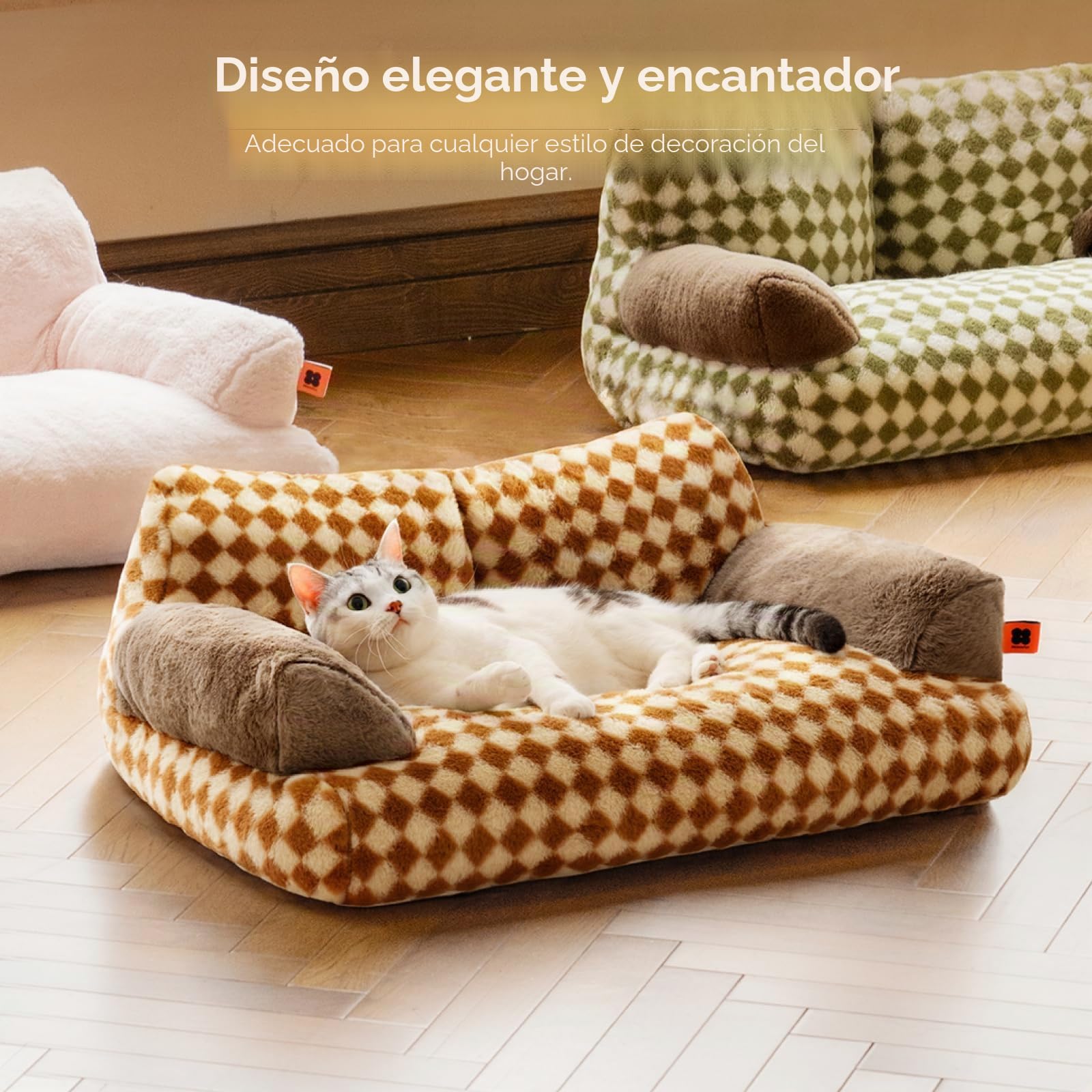 MEWOOFUN Elegante cama para gatos de interior grande, mullida y suave, bonito sofá cama para perros y gatos con parte inferior antideslizante, 66 x 48 cm, Marrón