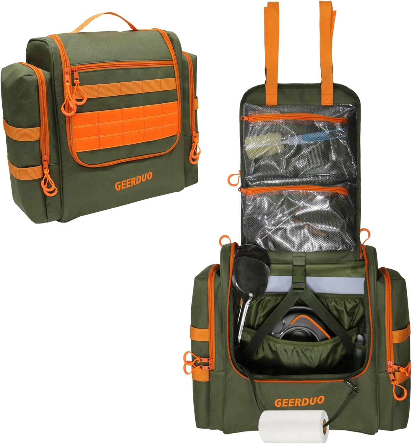 Tactical Camp Kitchen Organizer, Large Camping Utensil Storage Bag with Paper Towel Holder & Multi Pockets, Hanging Outdoor Cookware Organizer for Overlanding