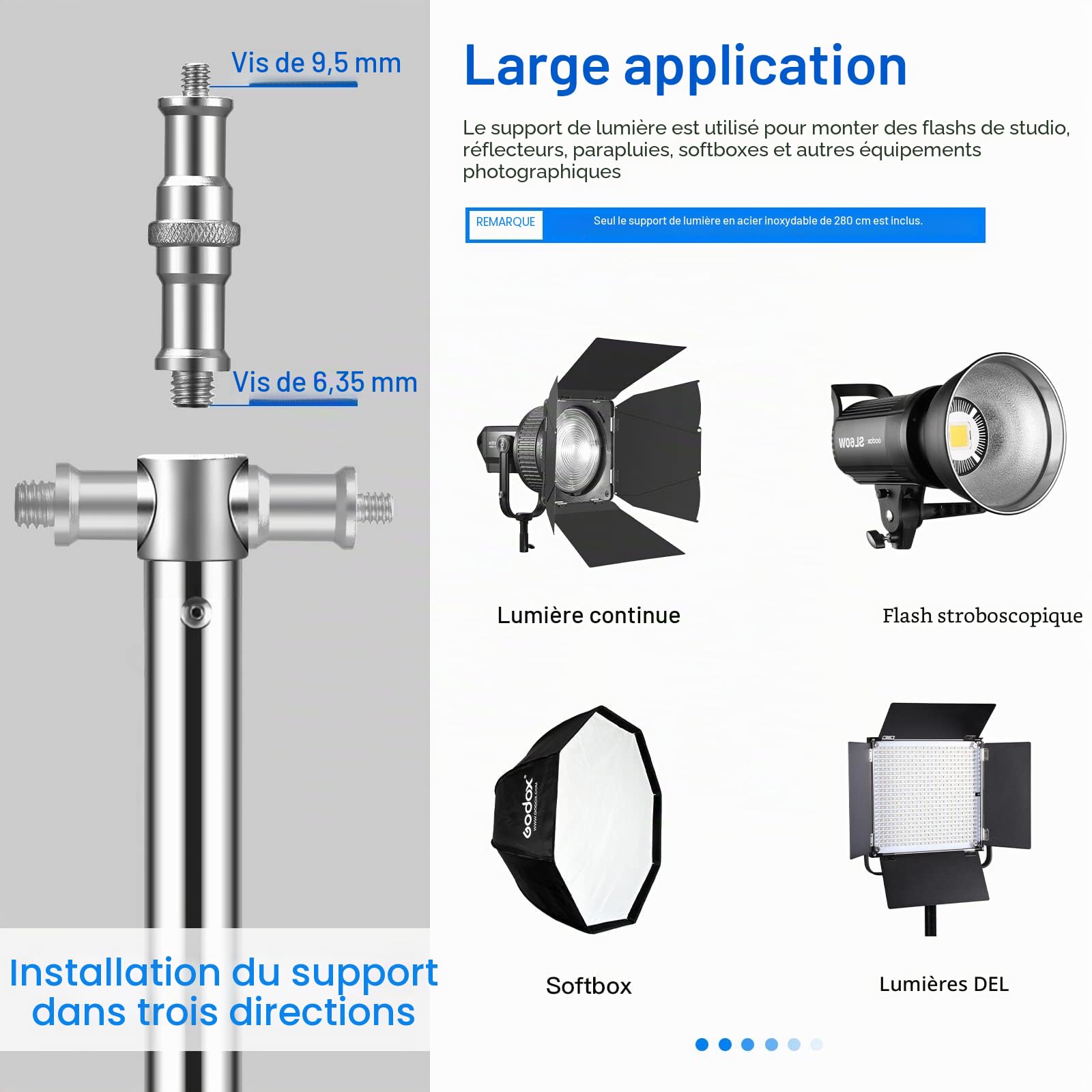 2,8 m Pied D'éclairage en Acier Inoxydable Support Eclairage Photographie avec Adaptateur Universel 1/4" vers 3/8" Trépieds pour Studio Photo Softbox Lumière Réflecteur Photographie Portrait Vidéo