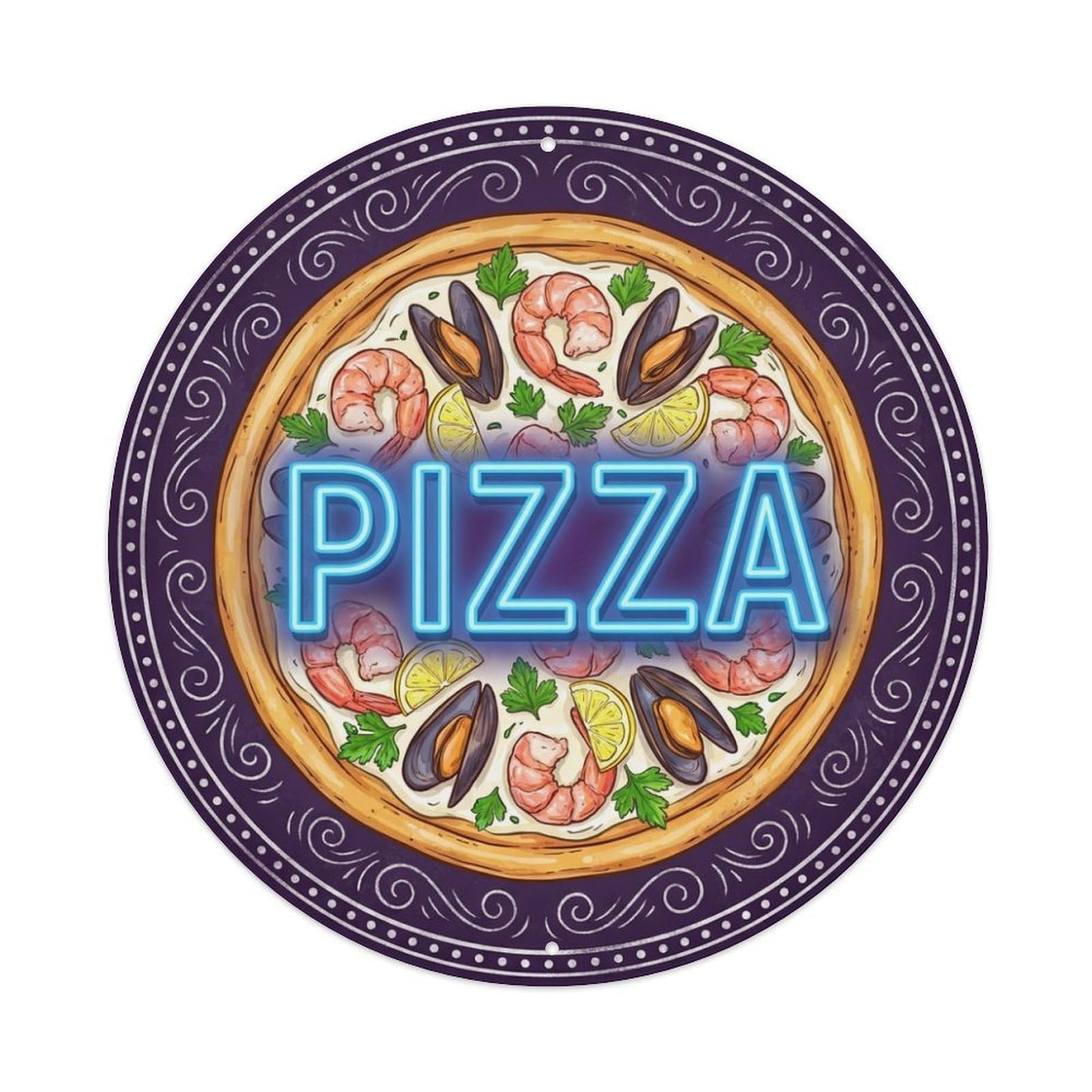 Seafood Pizza Shrimp Mussel Food Illustration Metal Tin Sign