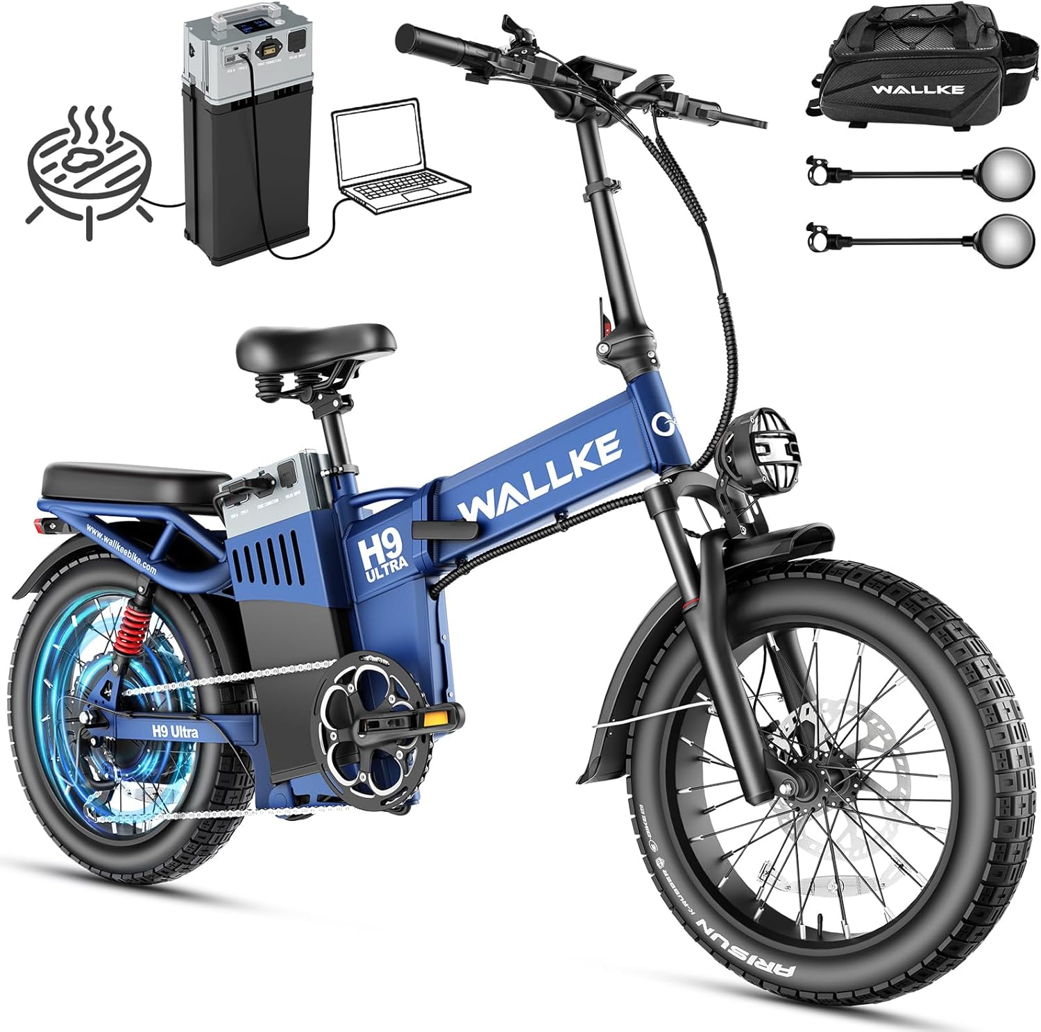 Wallke H9 Ultra Elite 2-in-1 Long Range Electric Bike for Adults +Solar AC/DC Power Hub, 48V 55Ah 180Mi, 105NM 37MPH Fast Ebike, Rust-Free Best eBike w/Torque Sensor, 20x4 ARISUN Fat Tire All Terrain