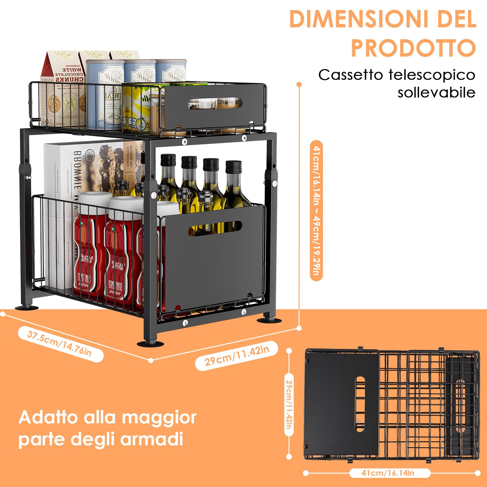 Dreamhigh Base Cabinet Organizer, Kitchen Cabinet with 2 Livelli, Kitchen Shelf, Worktop, Metal Undersink for Bathroom (Black)