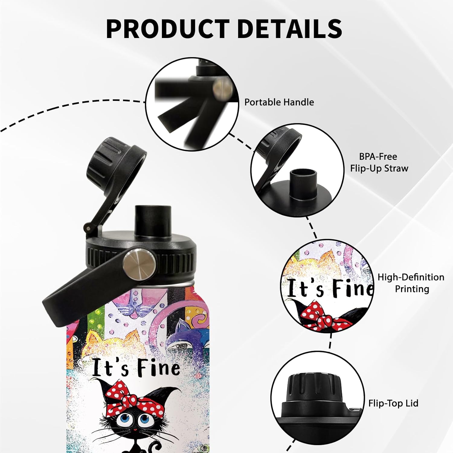 Cat Gifts for Women, Funny Black Cat Water Bottle Cup Tumbler with Lid 32oz Everything Is Fine, Cats Themed Gift for Mom Girls Friends, Cats Lovers Gift for Thanksgiving Christmas, 1 PCS - Image 4
