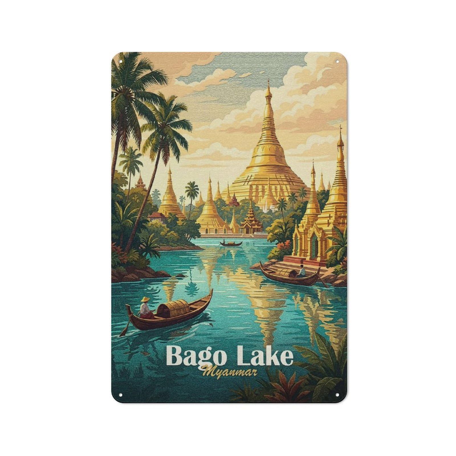 Junmoney Style-5 Garage Style Bago Lake, Myanmar Travel Retro Metal Sign 30X20cm, Workshop Wall Decor For Workshop, Basement, Shed Or Games Room