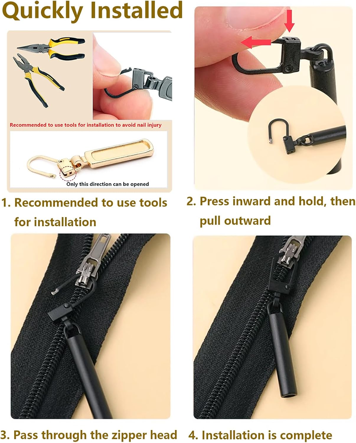 Zipper Pull Replacement, Detachable Zipper Pull Tabs for Jackets Backpacks Luggage Purses Coats – Easy to Install, Durable Zinc Alloy – Available in Black, Gold, Silver (6 Pack Black)