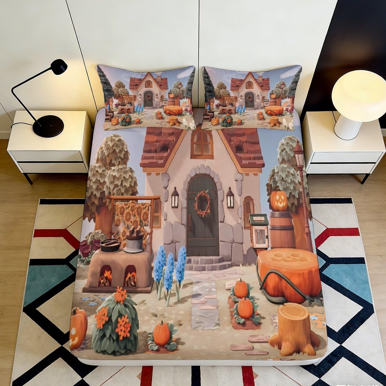 Pnayamiorkfel Style-1 3D Printed Pumpkin Cottage Fitted Sheet Microfiber Autumn Village Bed Cover For Bedroom Guest Room Decor Anti-Slip 90X200x25cm