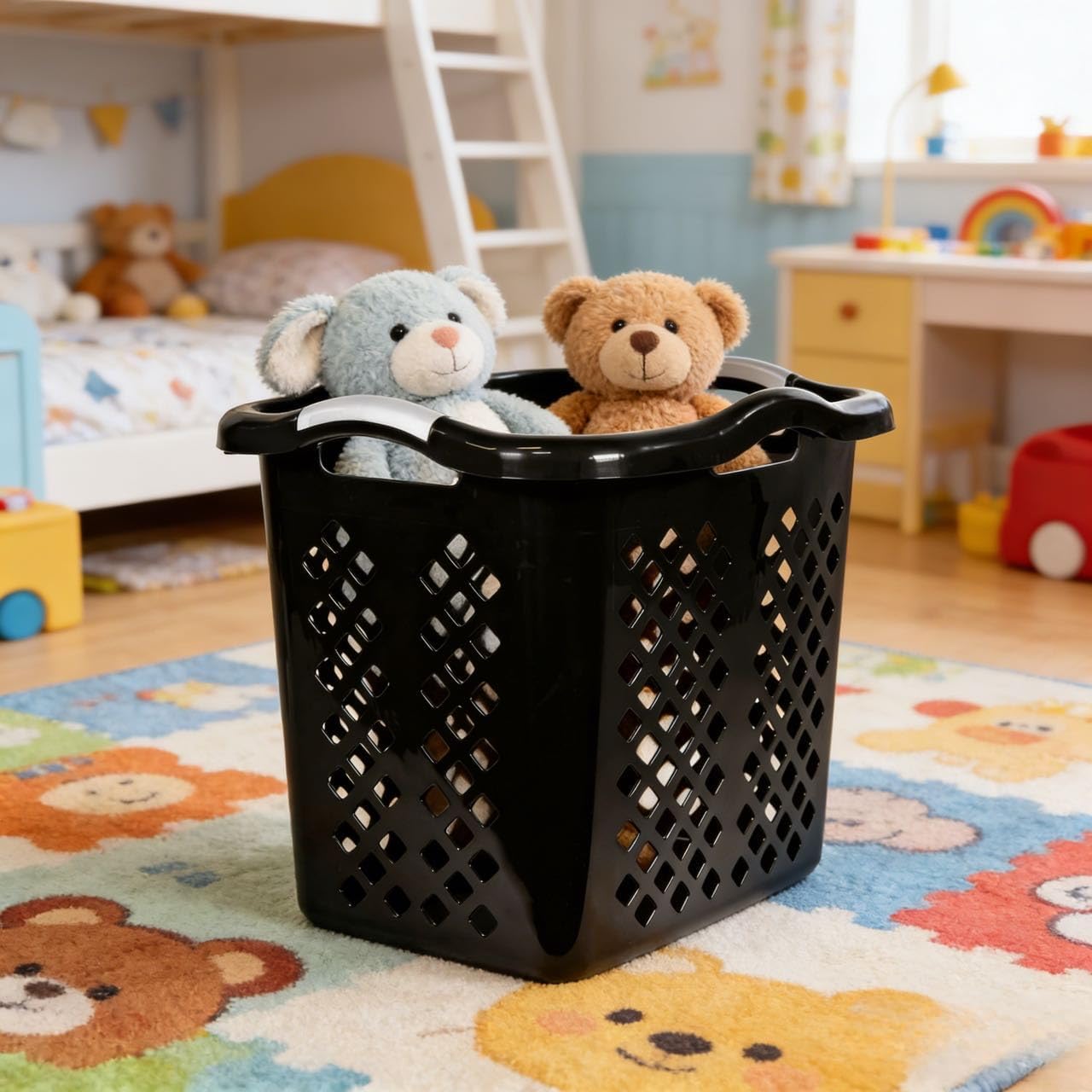 2 bushel laundry baskets with silver handles, black, 2-pack