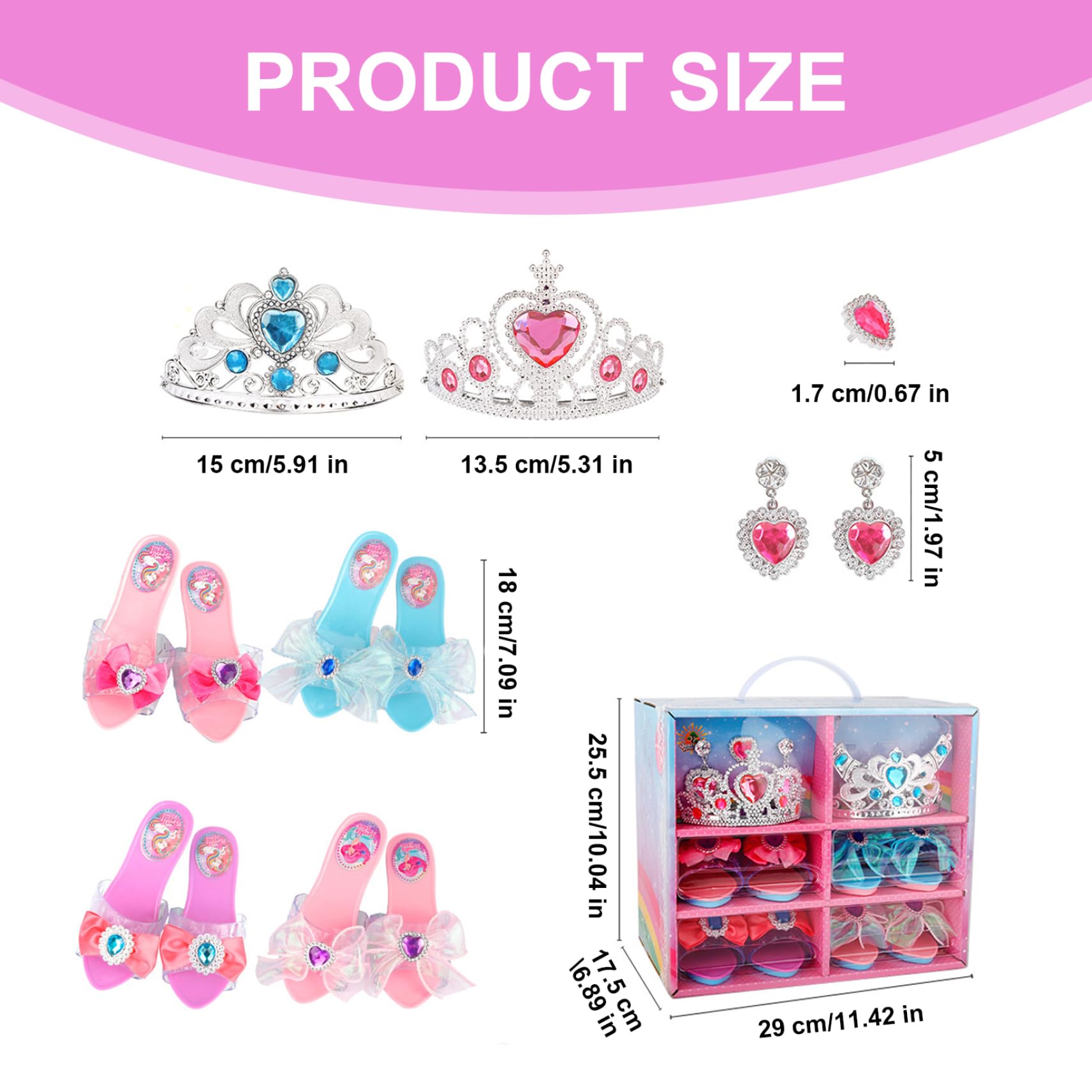 Princesa Dress Dress Shoes 6 cuadrículas para niñas niños pequeños con 4 Pares de Zapatos de Juego y Juguetes de joyería, glamorosos Elegantes Regalos de niña de 3 años para niños pequeños