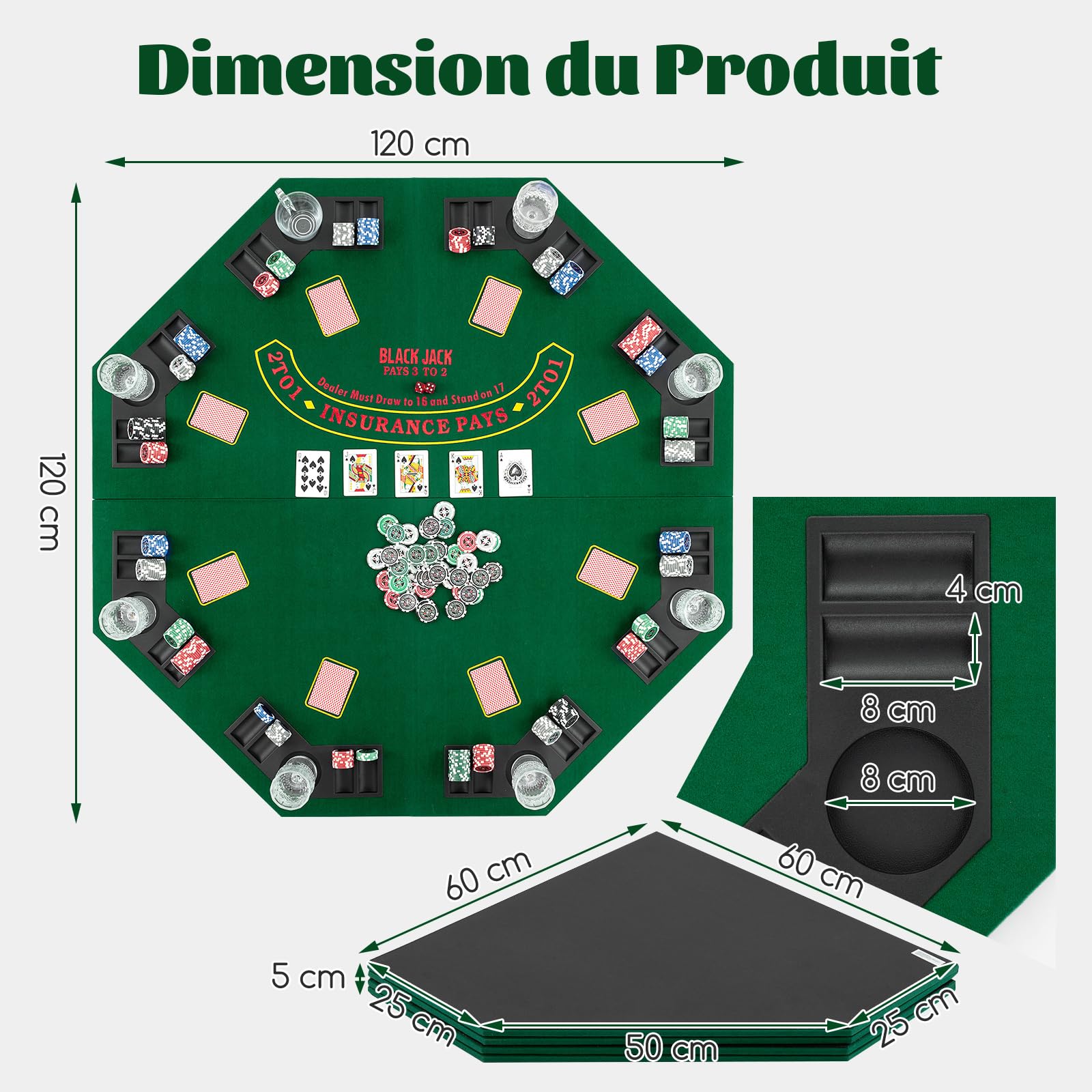 COSTWAY Plateau de Poker Pliable 120x120cm Octogonal pour 8 Joueurs, Tapis de Table de Poker avec Porte-Gobelets & Plateaux à Jetons, Sac de Transport, Support de Poker pour Casino