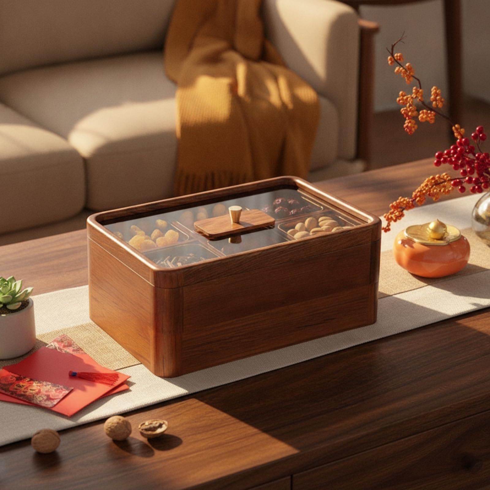 Plateau Service en Bois avec Couvercle Transparent et 6 Casiers pour Présenter Bonbons et Fruits Secs sur la Table
