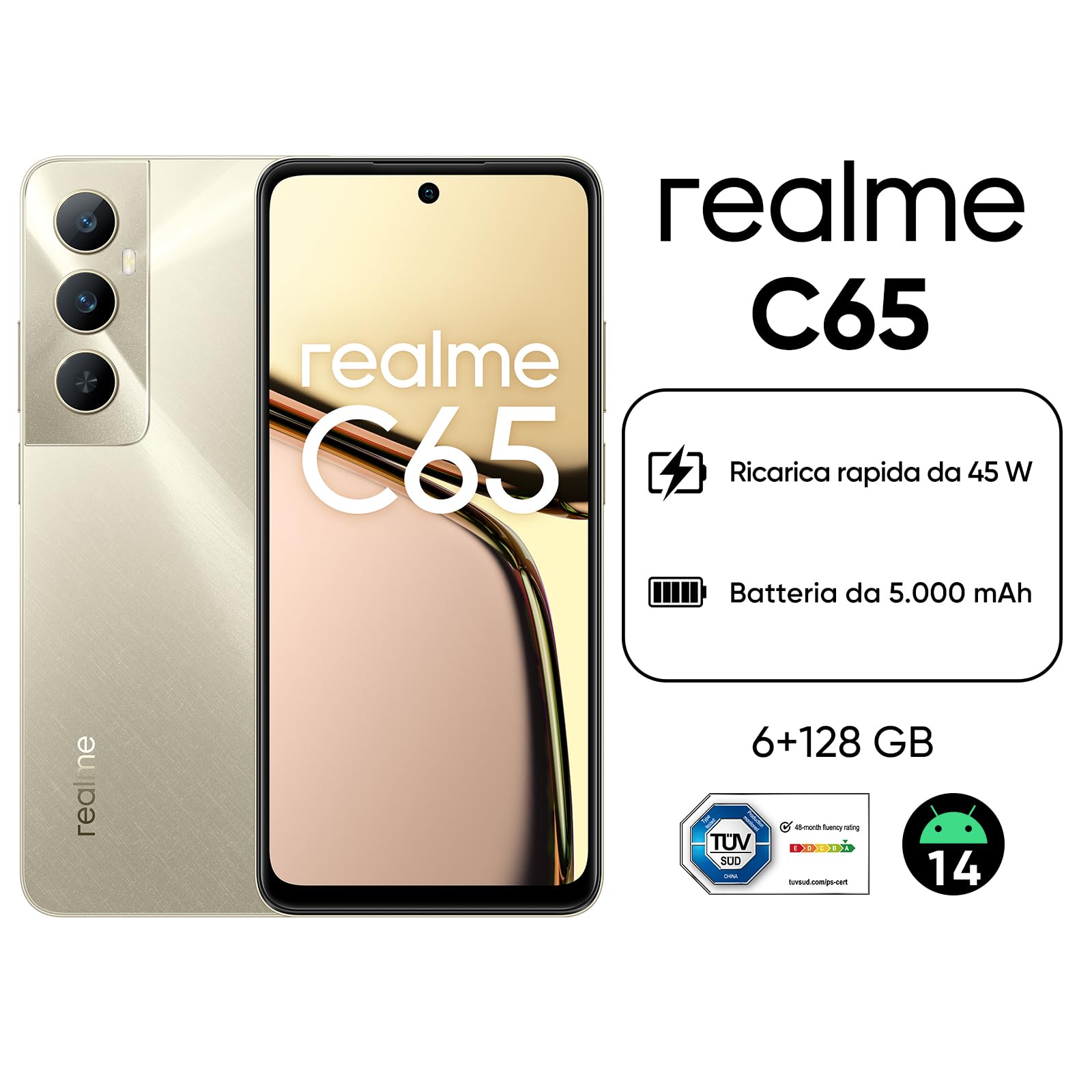realme C65 Smartphone Android, 4G Telefono Cellulare, Schermo da 6,67'' per il comfort degli occhi, 12GB RAM dinamica, 128GB ROM, Fotocamera AI da 50 MP, G85 MediaTek Helio, Batteria da 5000 mAh, Oro