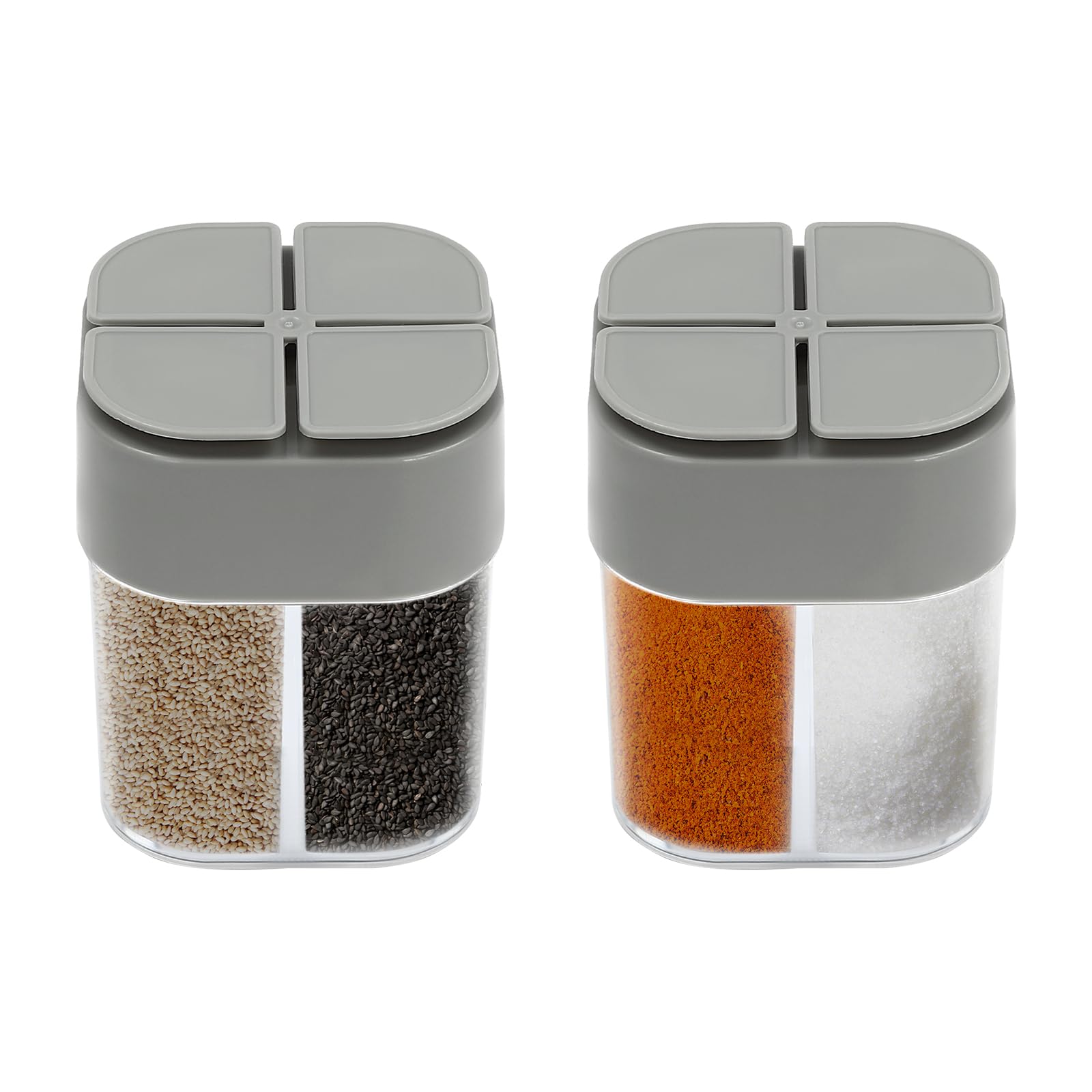 Set 2 Dispenser 4 In 1 Per Sale E Spezie - Contenitore Da Viaggio Con 4 Scomparti Da 50 Ml, Griglie Filtro, Etichette Bilingue, PP E PS Senza BPA, Trasparente/Grigio