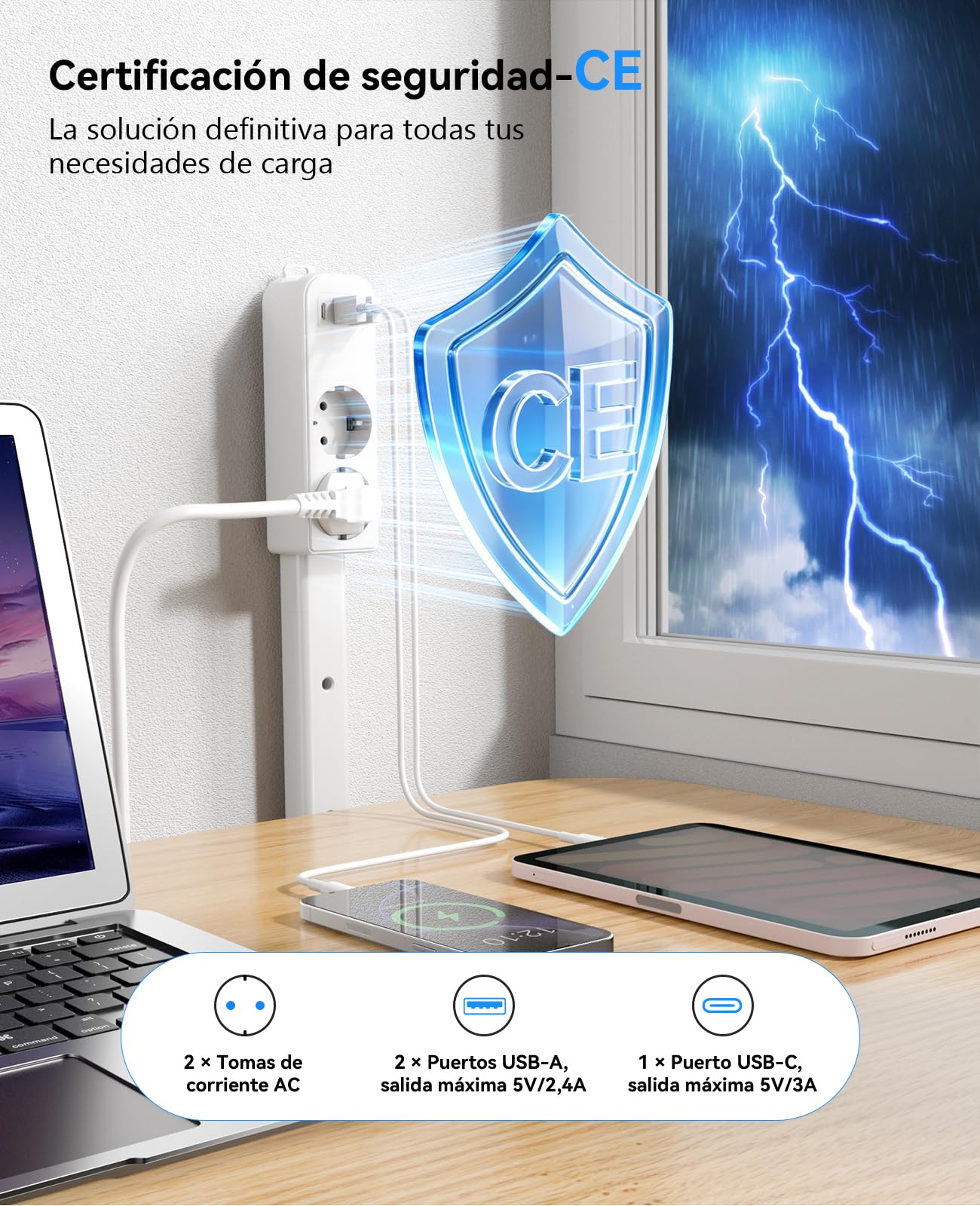 Regletas Enchufes 2 Tomas, 2 Puertos USB-A y 1 USB-C, Regleta Múltiple con 3 Extensión, Apta para Enchufes de Difícil Acceso Detrás del Sofá, Mesita de Noche, Escritorio — view 8