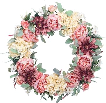 24" Pink Peony Wreath,Front Door Wreath, Pink Floral Bud Wreath for Indoor Outdoor Homer, Wedding, Mothers Day, Thanksgiving