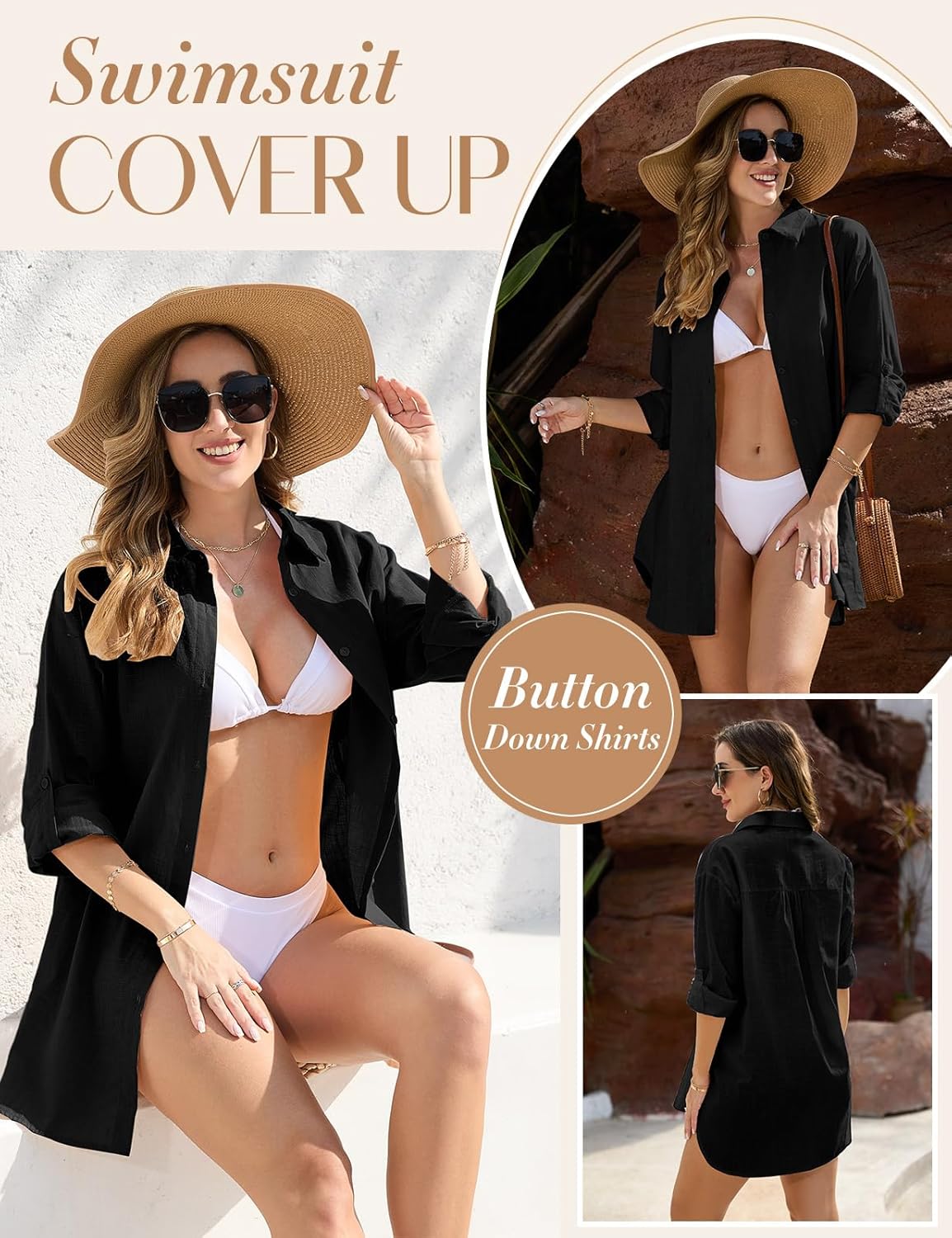 Swimsuit Coverup for Women Bathing Suit Cover Ups V Neck Button Down Beach Shirt Dress Bikini Swimwear Cover up - Image 3