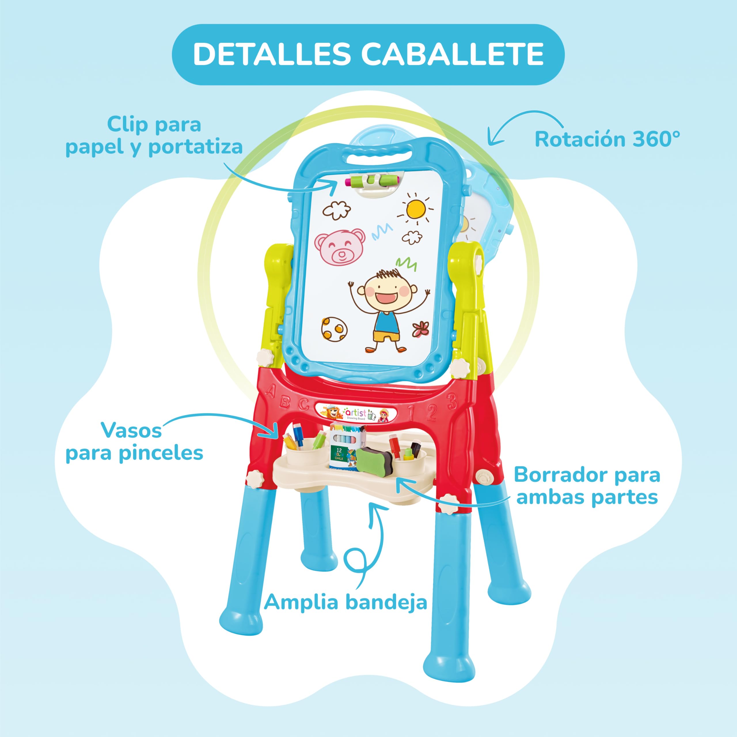 GalPat Baby Pizarra Infantil Magnética Doble Cara, Caballete para Niños con Altura Regulable, Incluye Tizas, Rotuladores, Letras y Números Magnéticos, Ideal para Aprendizaje y Creatividad