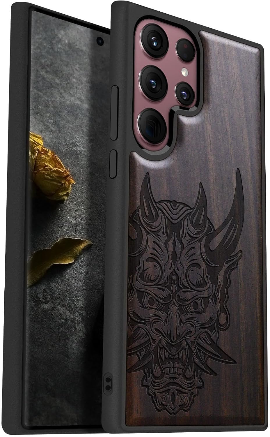 Carveit Wood Case for Galaxy S22 Ultra Case [Natural Wood & Black Soft TPU] Shockproof Protective Cover Unique Wooden Design Compatible with Samsung S22 Ultra (Japanese Oni Mask-Blackwood)