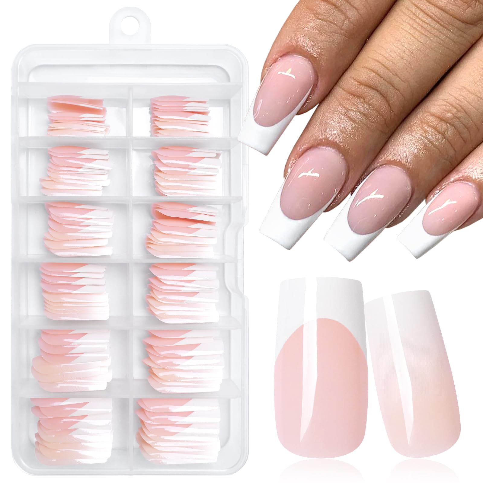 LuckForever 144pc White French Tips Medium Square Fake Nails - Nude Ombre Glue on Nails Press Ons - False Fingernails with Glue Tabs for Women Girls