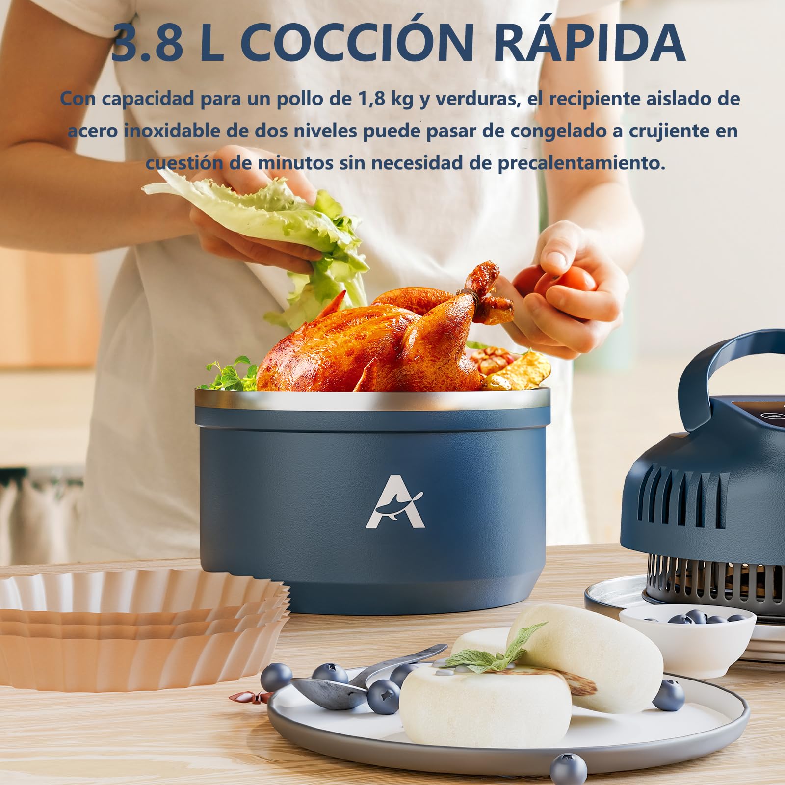 AEWHALE Friteuse sin aceite portátil, inoxidable Air Fryer 3 en 1 | Rôtir,Crisp,2 Recipientes de Acero Inoxidable, 1,9 L y 3,8 L, para Comidas Rápidas y Fáciles, Compacto, Lavable en Dishwasher