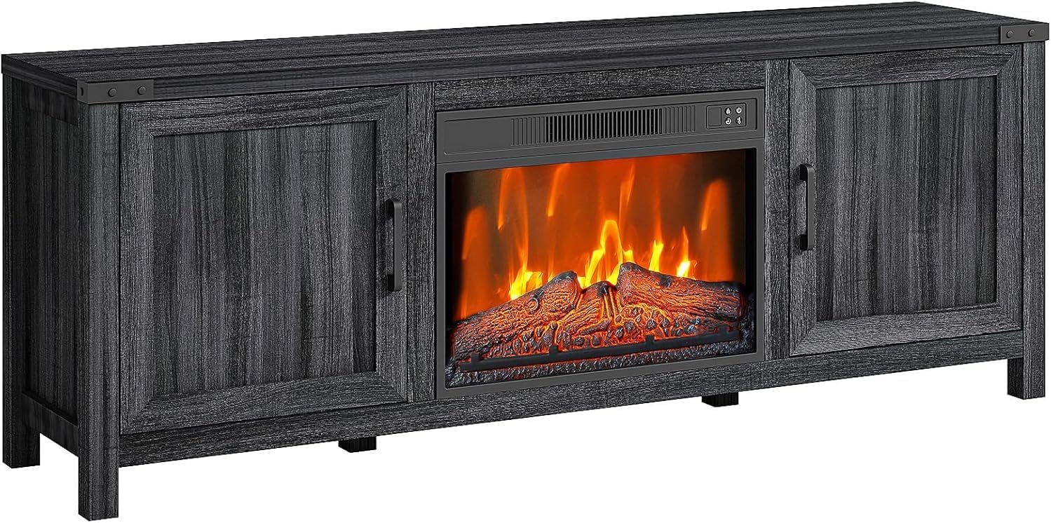 23" LED Electric Fireplace, Fireplace TV Stand for 67 Inch TV, Freestanding Fire Place TV Stands with Glass Door Closed Storage, Remote Control, Timer, Adjustable Flame Level for Living Room