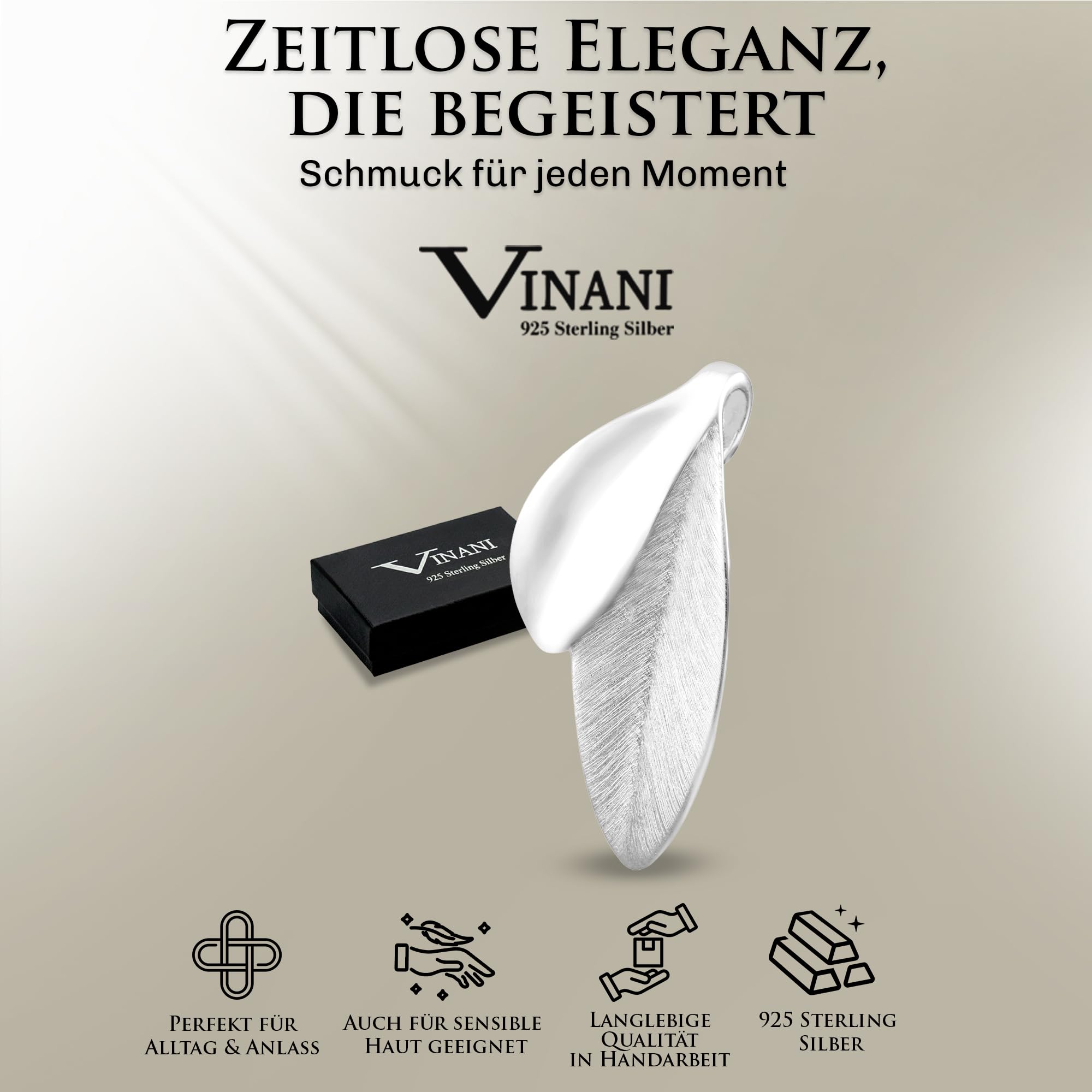 Vinani Kettenanhänger 925 Sterling Silber Blattform für Damen, ABH-EZ | Gebürstete Oberfläche, antiallergisch, nickelfrei, deutsches Design, ideal für empfindliche Haut und vielseitige Looks