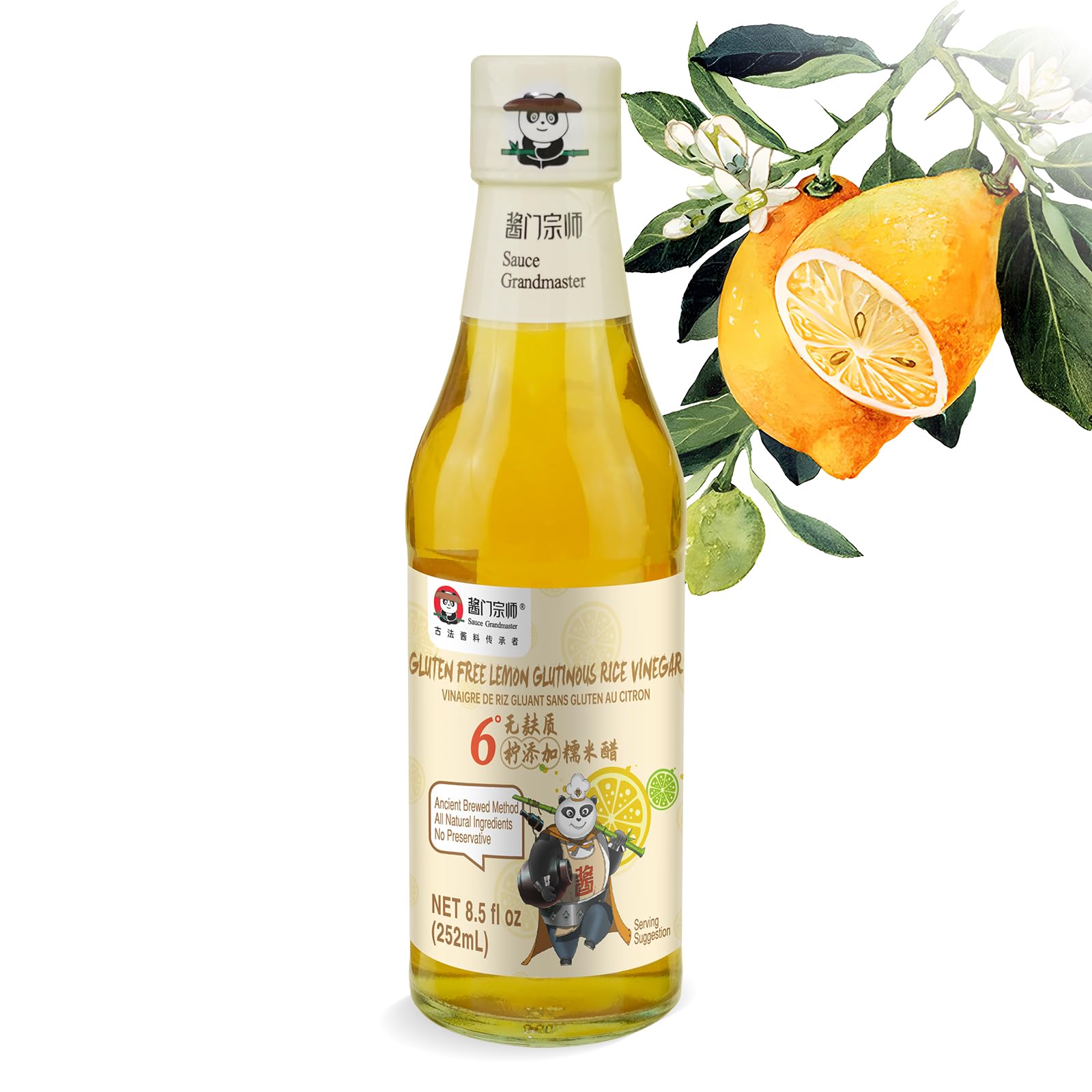 Glutinous Rice Lemon Balsamic Vinegar- Lemon Fruit Infused Naturally Fermented Vinegar, Smooth and Fresh, Gluten Free, No Additive, No Sugar, Rich in Vitamin C, Best for Salad Dressing, Sauces, Cocktail, Seafood & Meat Dishes- Sauce Grandmaster