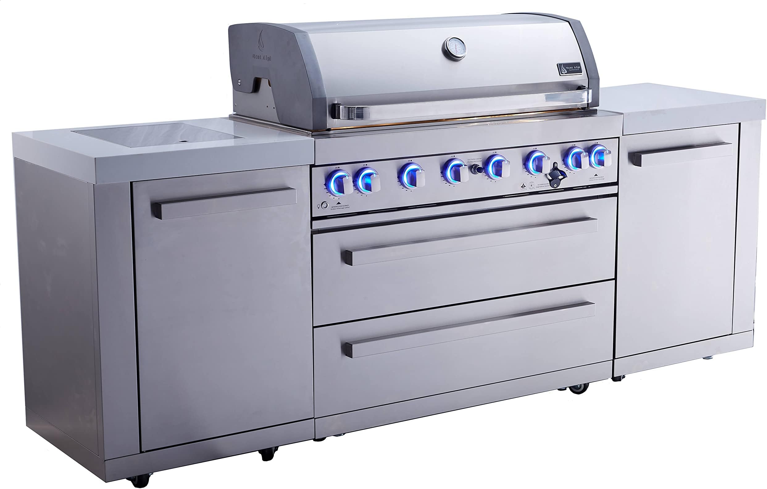Mont Alpi Premium 94"W x 23"D Stainless Steel Modular Outdoor Kitchen Island with Infrared Side and Rear Burners + 44"W 6-Burner BBQ Gas Grill + White Granite Countertops + Storage Cabinets & Drawers