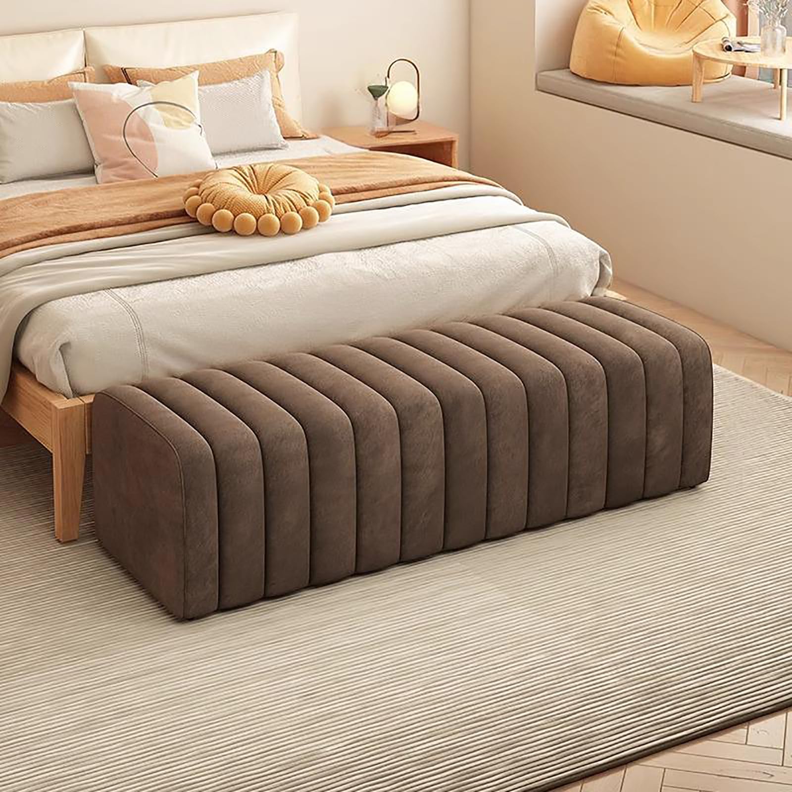 Repose-pieds moelleux pour salon et banc de rangement en velours marron