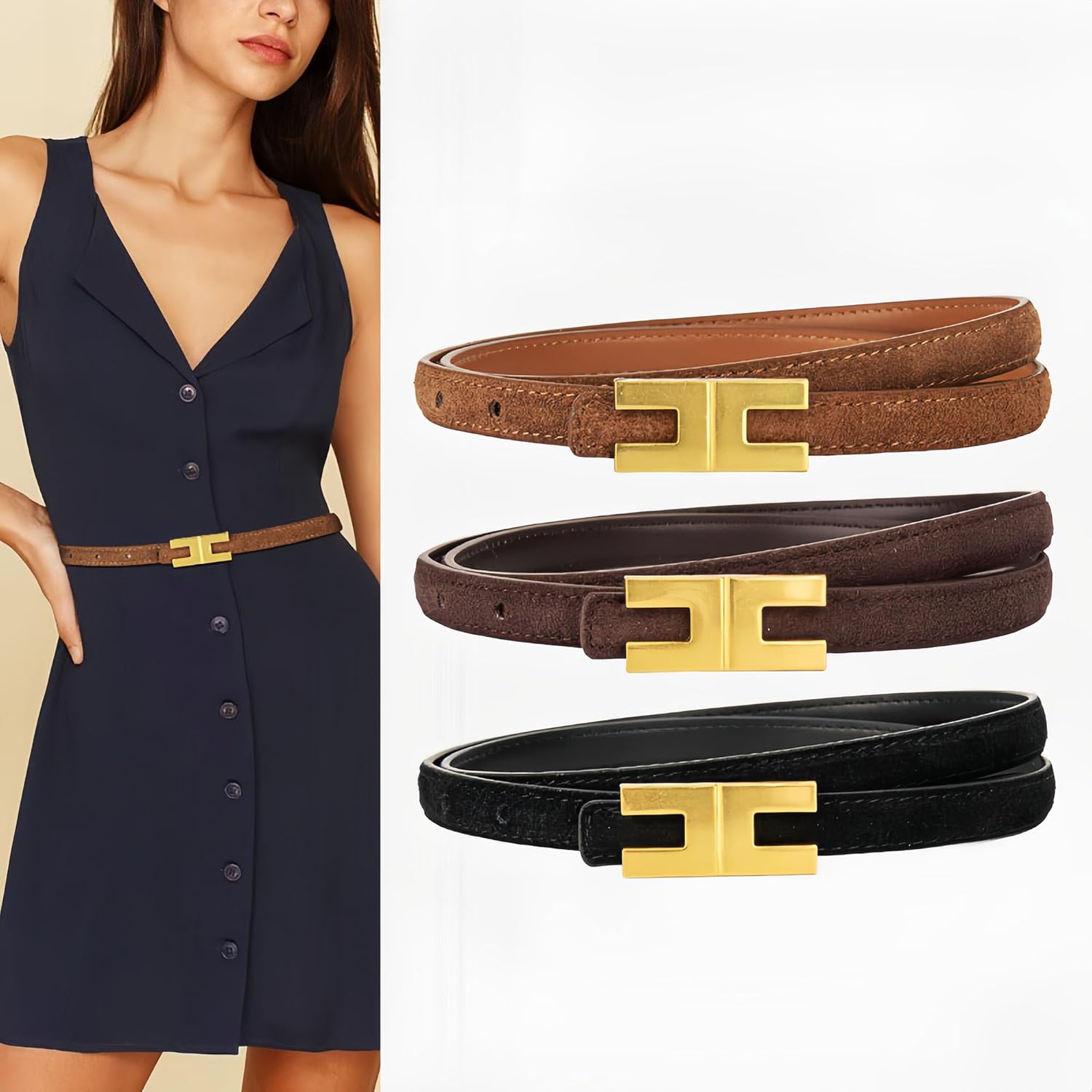 Womens Suede Leather Belt Skinny Waist Belt for Dresses Jeans Pants with Gold Buckle - Image 2