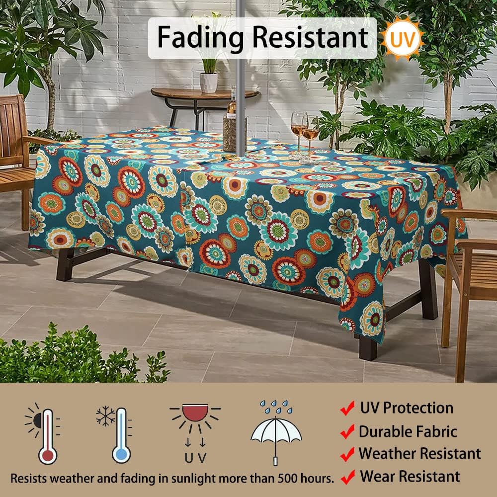 60"x84" Rectangle Tablecloth with Umbrella Hole and Zipper, Washable Waterproof Wrinkle Free Zippered Patio Table Cloths Table Covers for Party, Backyard, Picnic, BBQS (Heronsbill Turquoise Green)