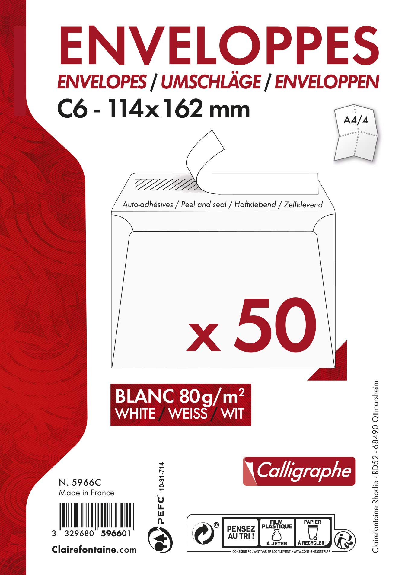 Buste Clairefontaine Calligraphe Formato DL - Confezione Da 50 Bianche Autoadesive Con Finestra - Foto 3